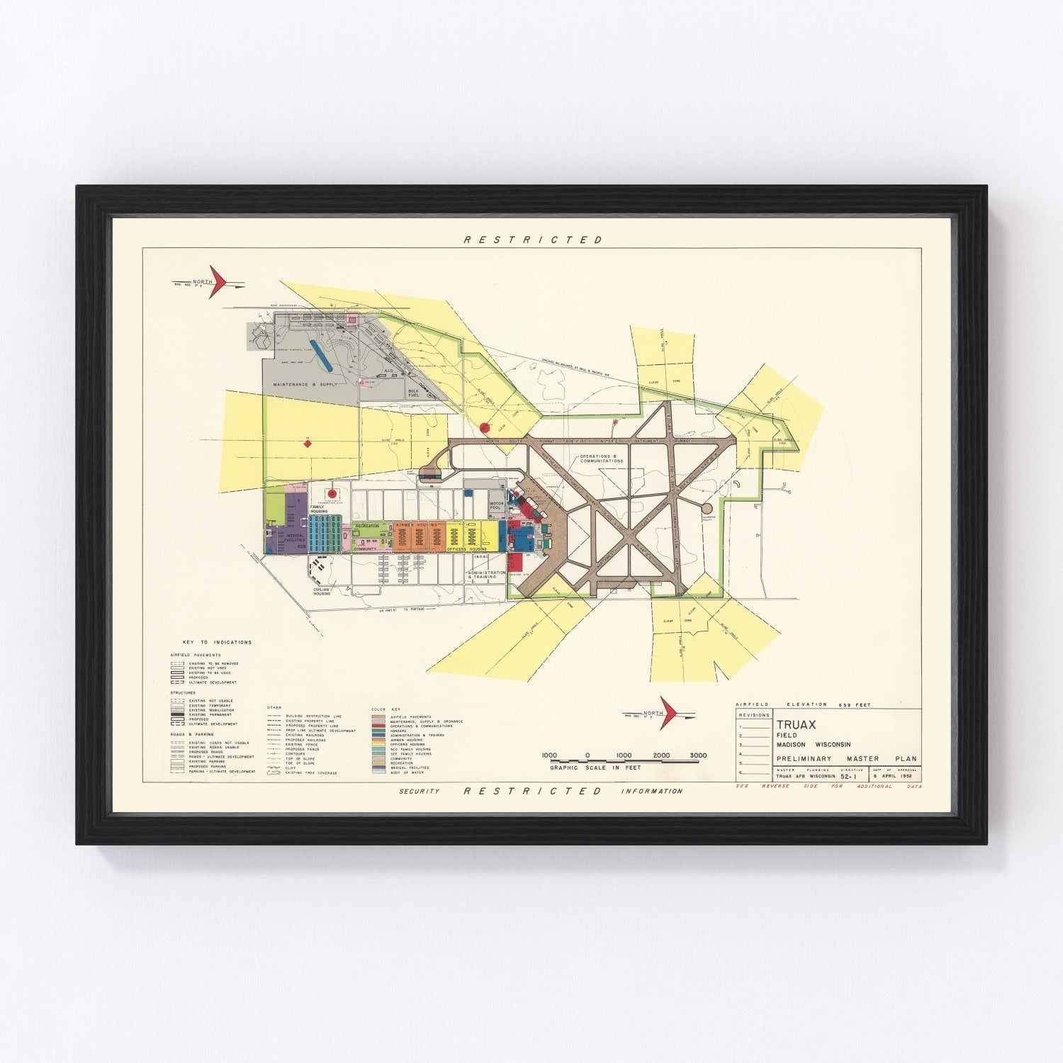 vintage map of Truax Field, Madison, Wisconsin, 1952