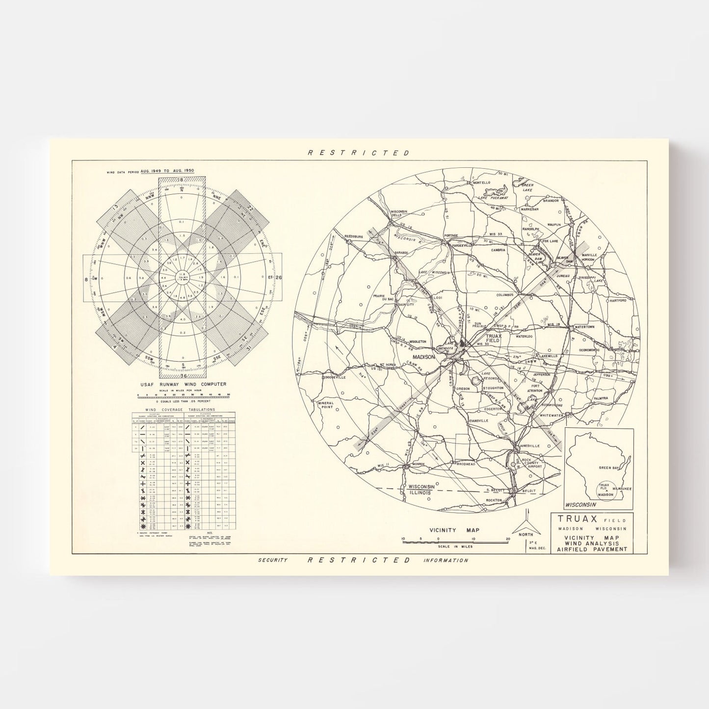Vintage Map of Truax Field Vicinity, Madison, Wisconsin, 1952