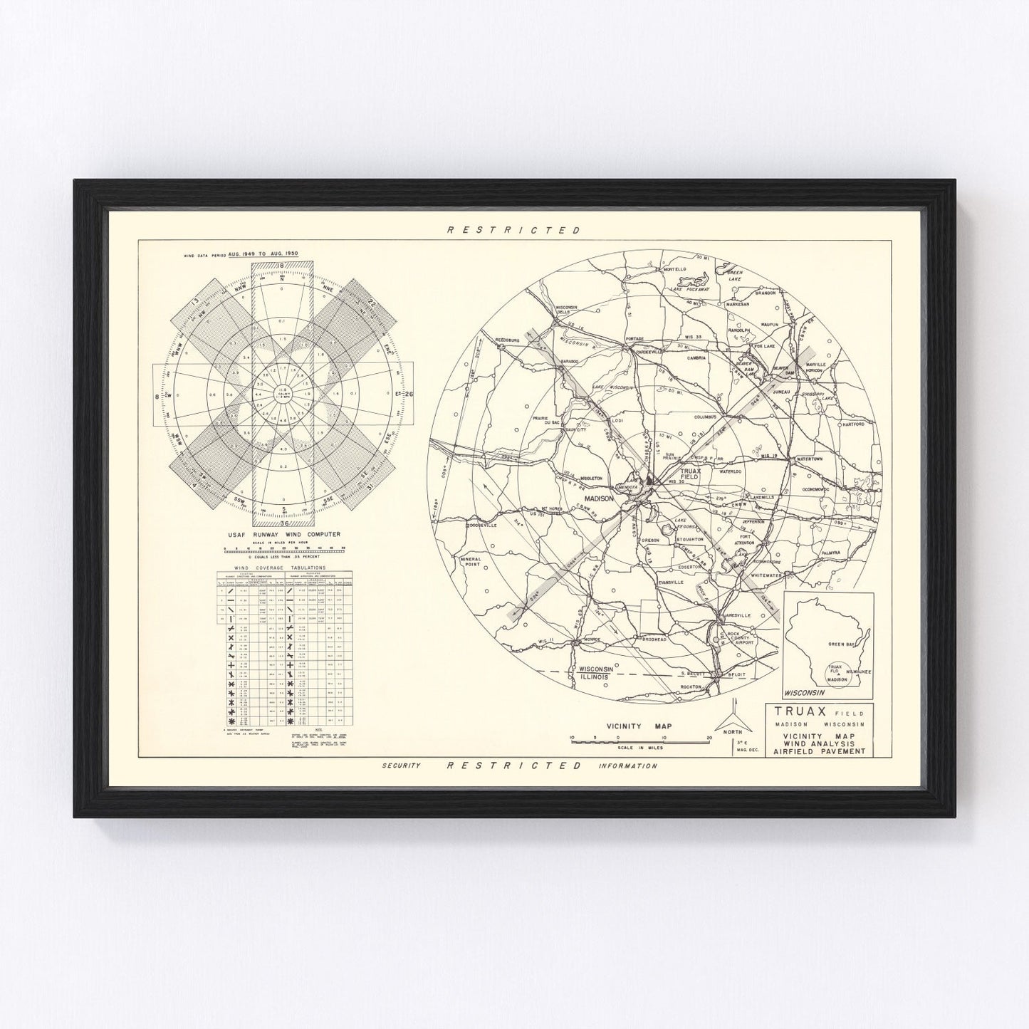 vintage map of Truax Field vicinity, Madison, Wisconsin, 1952