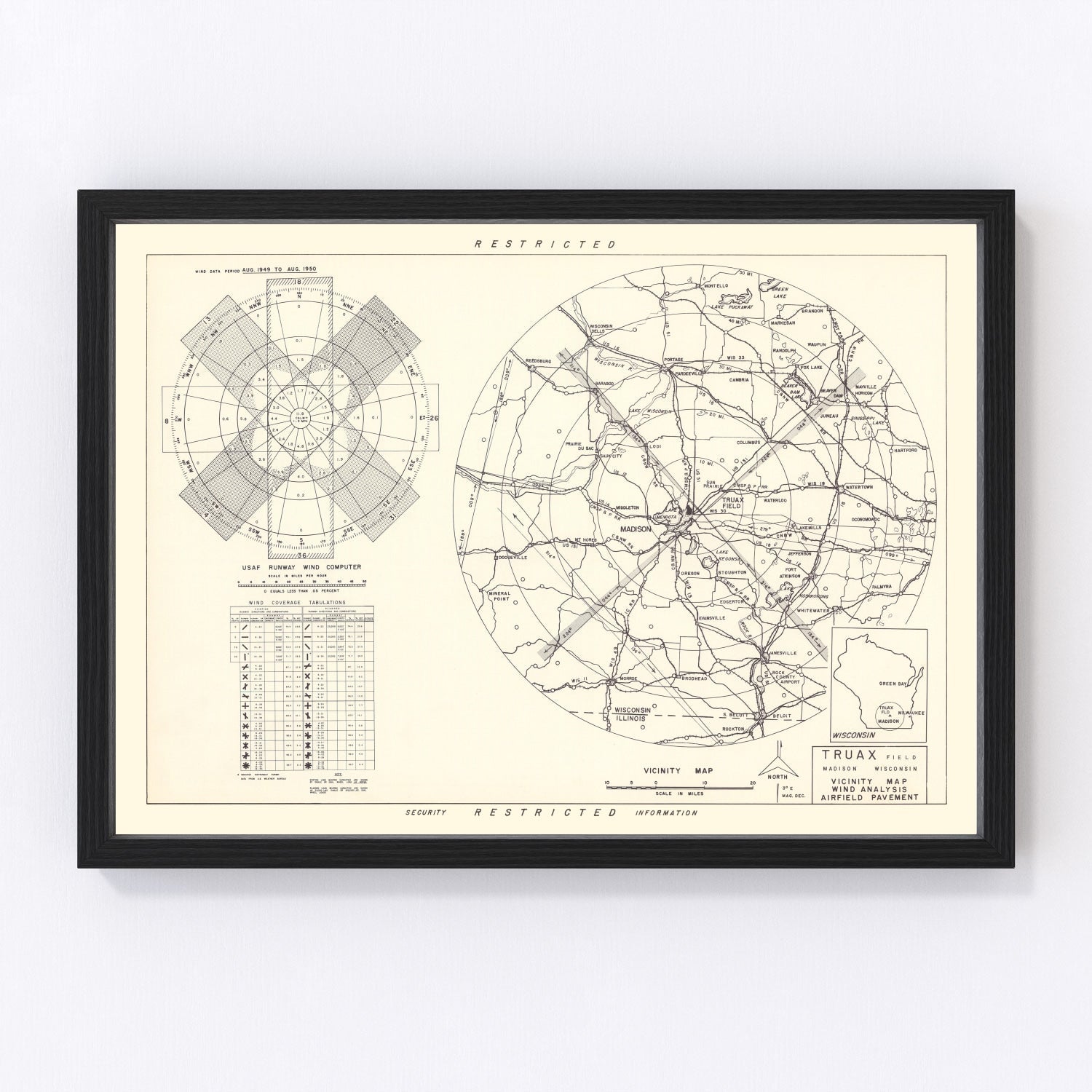 vintage map of Truax Field vicinity, Madison, Wisconsin, 1952
