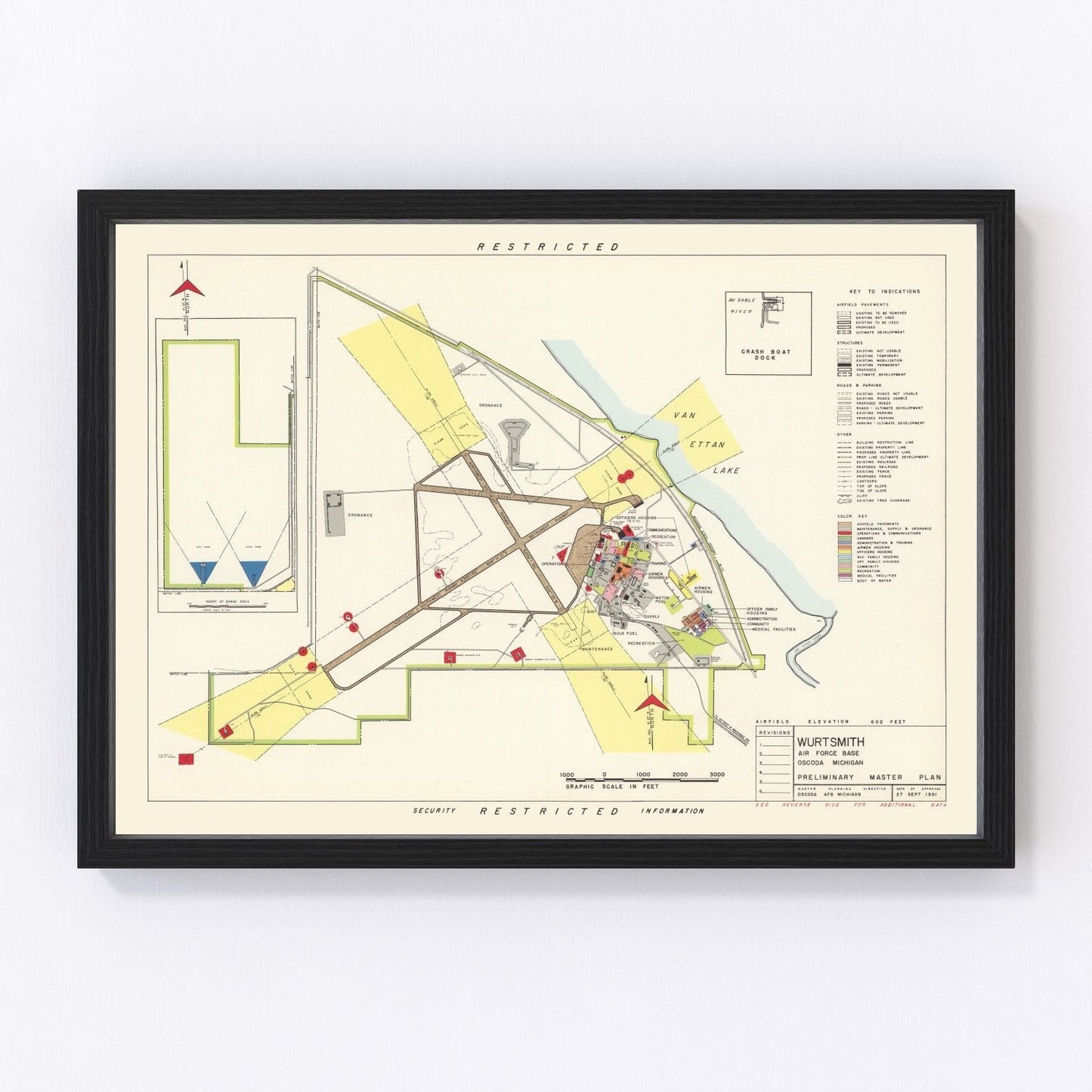 Vintage map of Wurtsmith Air Force Base, Michigan, 1952, Cold War era