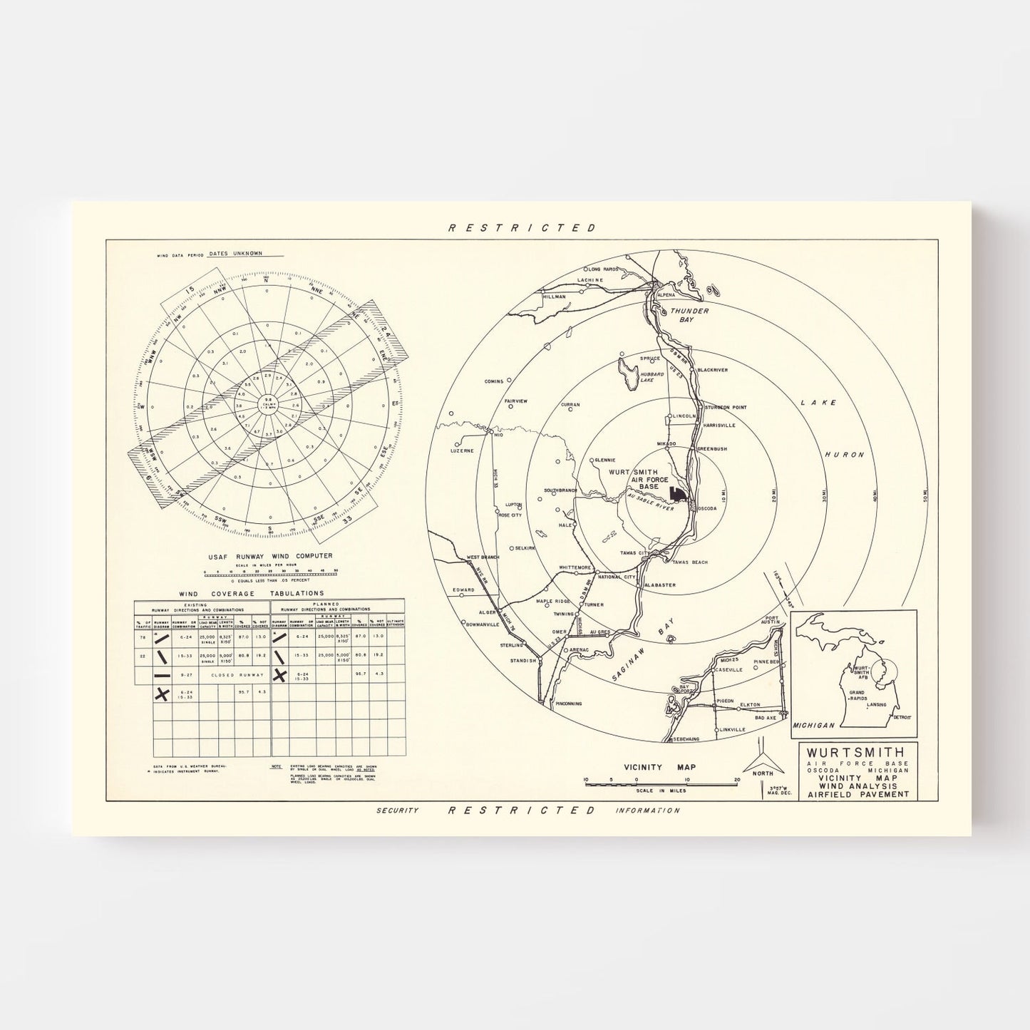 Vintage Map of Wurtsmith Air Force Base Vicinity, 1952
