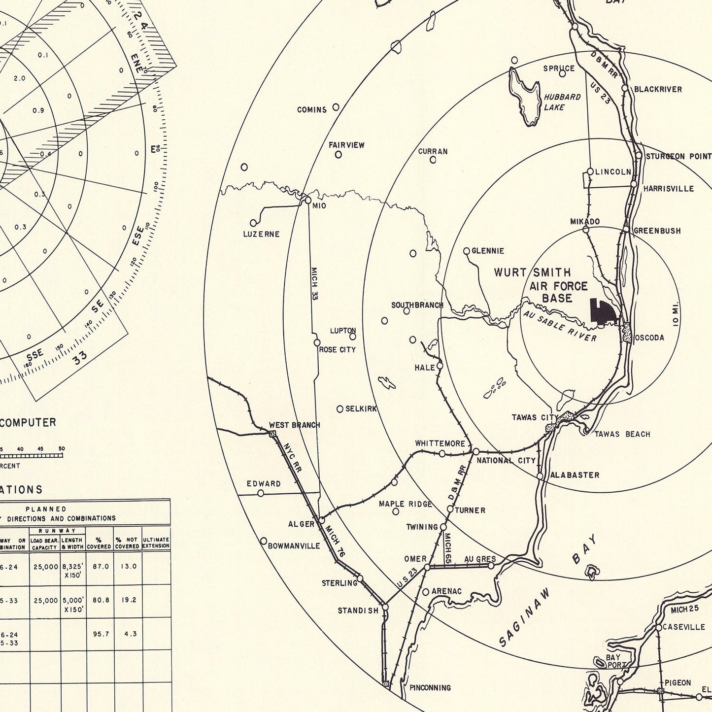 Vintage Map of Wurtsmith Air Force Base Vicinity, 1952