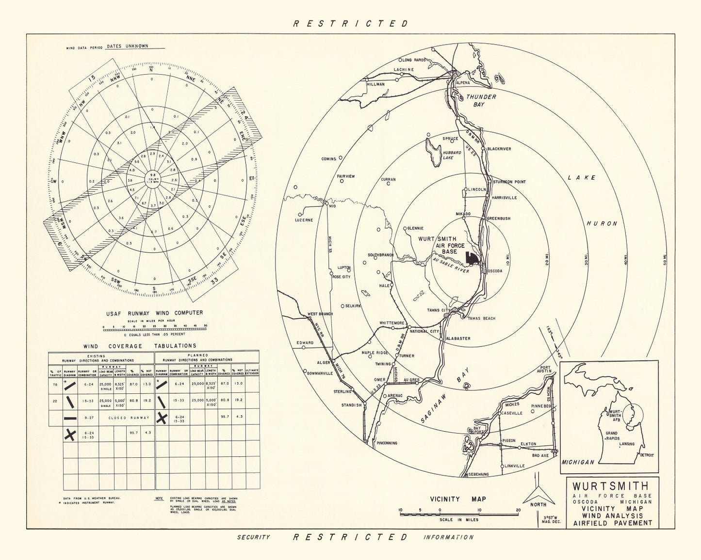 Vintage Map of Wurtsmith Air Force Base Vicinity, 1952