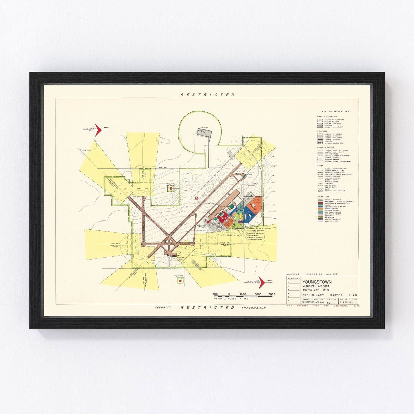 Vintage 1951 Youngstown Municipal Airport map Ohio, digitally restored print