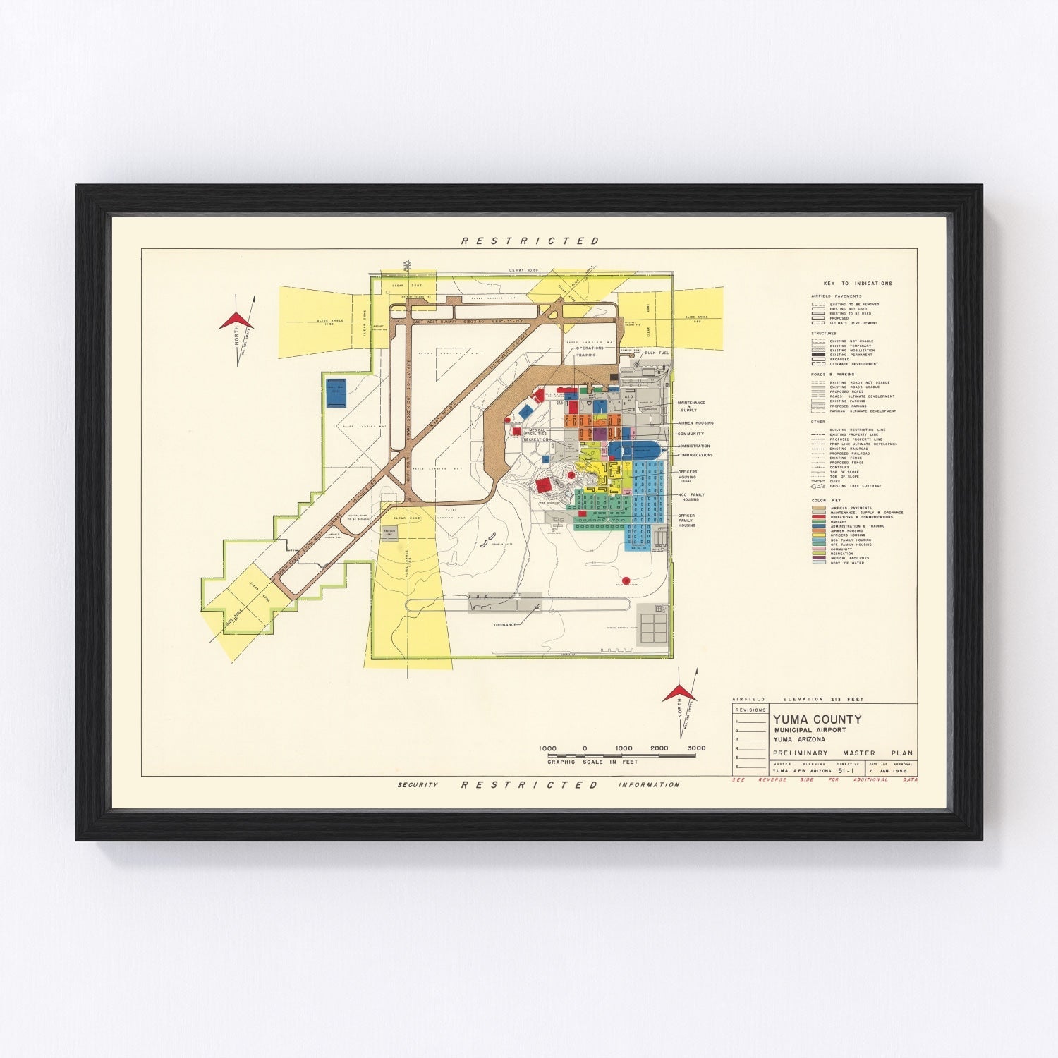 Vintage 1952 Yuma County Municipal Airport map Arizona, digitally restored print