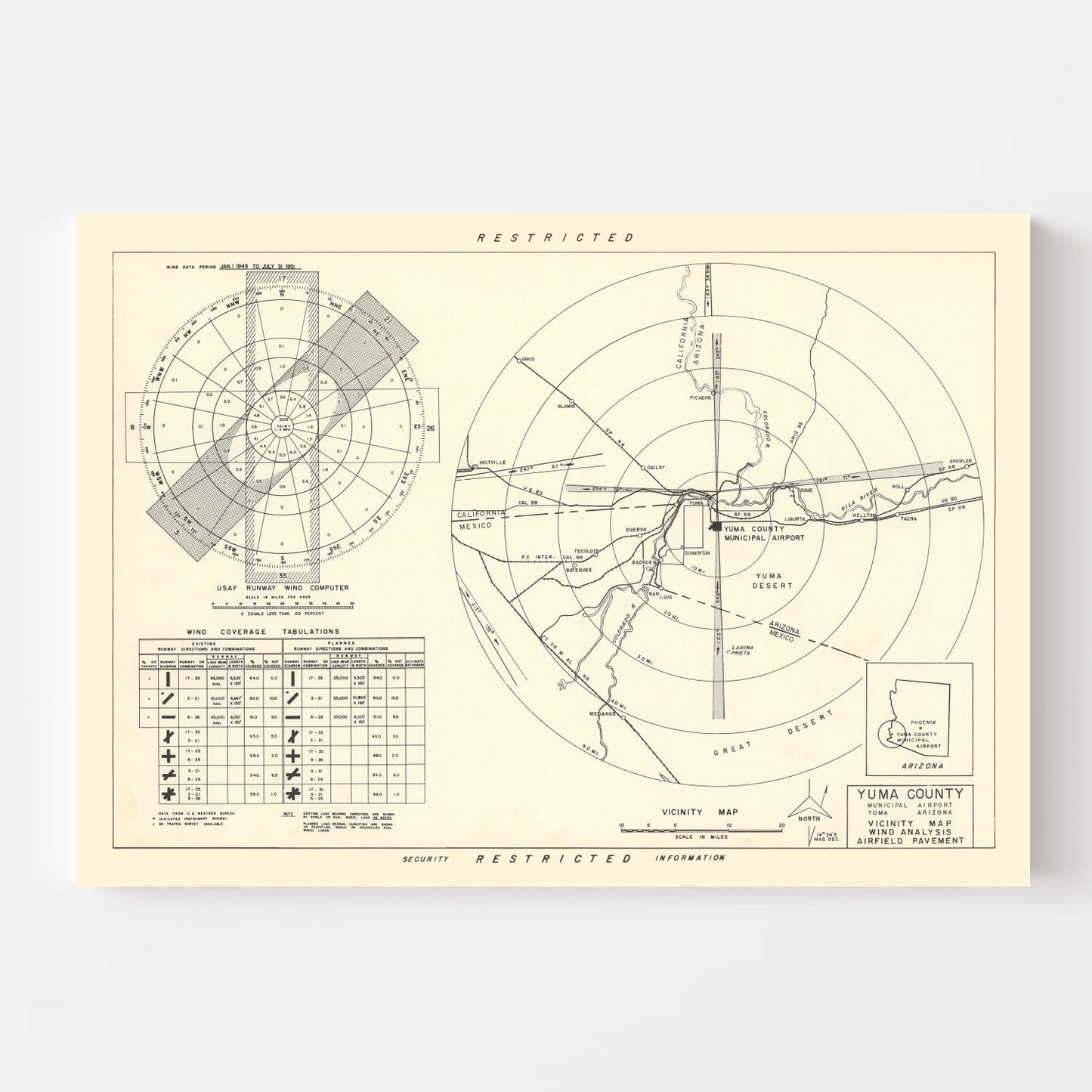 Vintage Map of Yuma County Municipal Airport Vicinity, Arizona, 1951