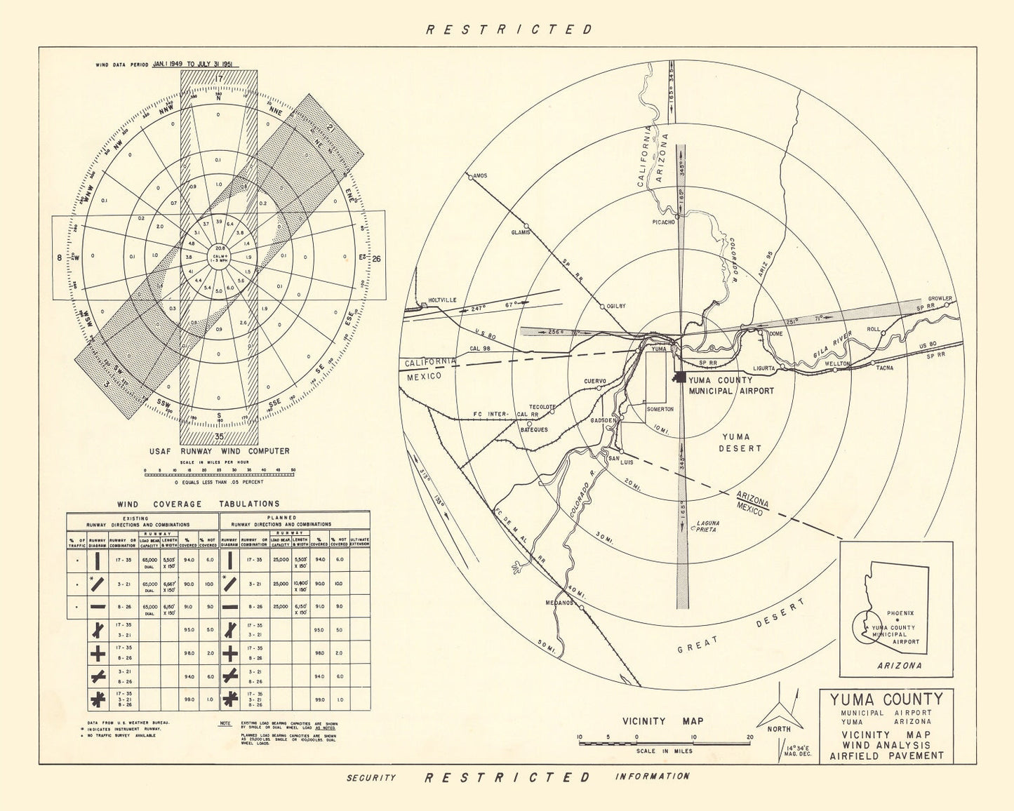 Vintage Map of Yuma County Municipal Airport Vicinity, Arizona, 1951