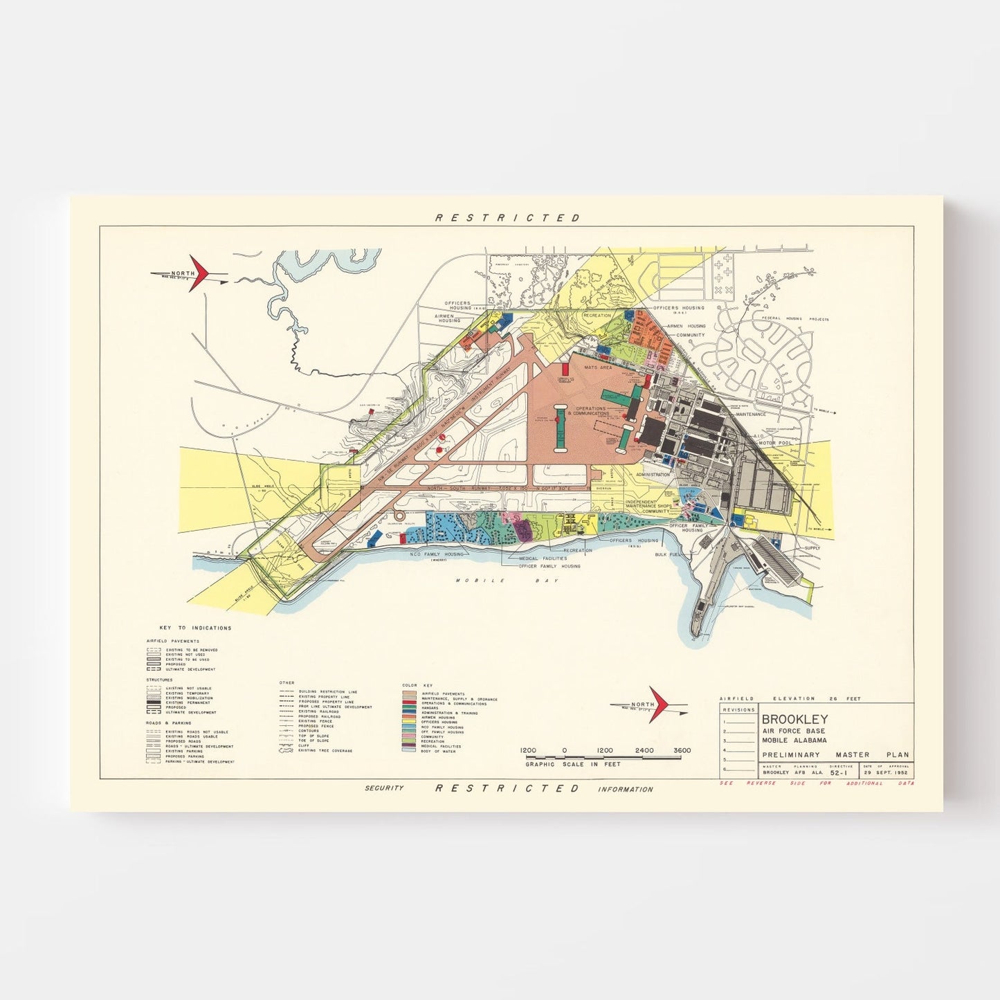 Vintage Map of Brookley Air Force Base, Alabama 1952