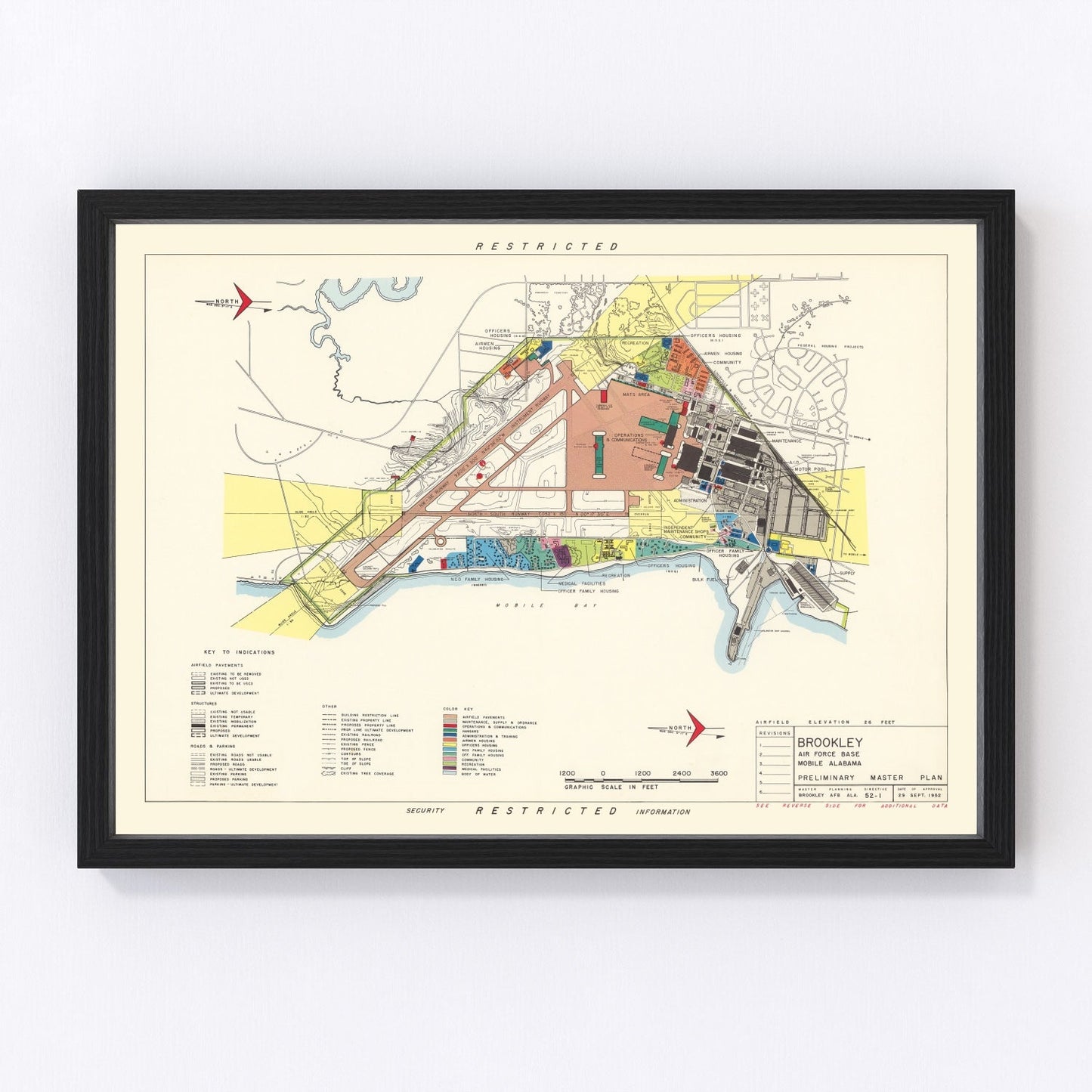 vintage map of Brookley Air Force Base Alabama 1952, restored print wall art