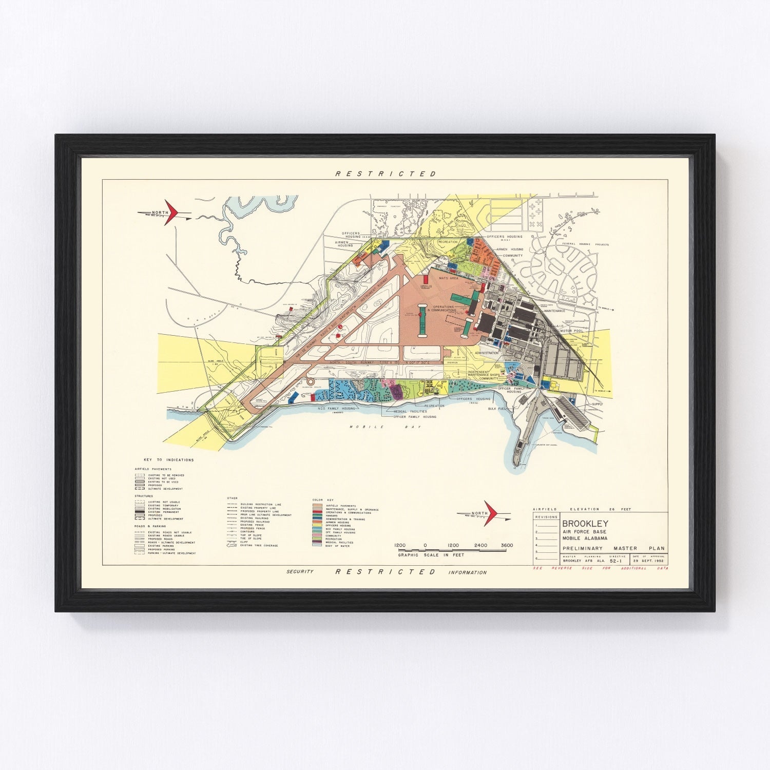 vintage map of Brookley Air Force Base Alabama 1952, restored print wall art