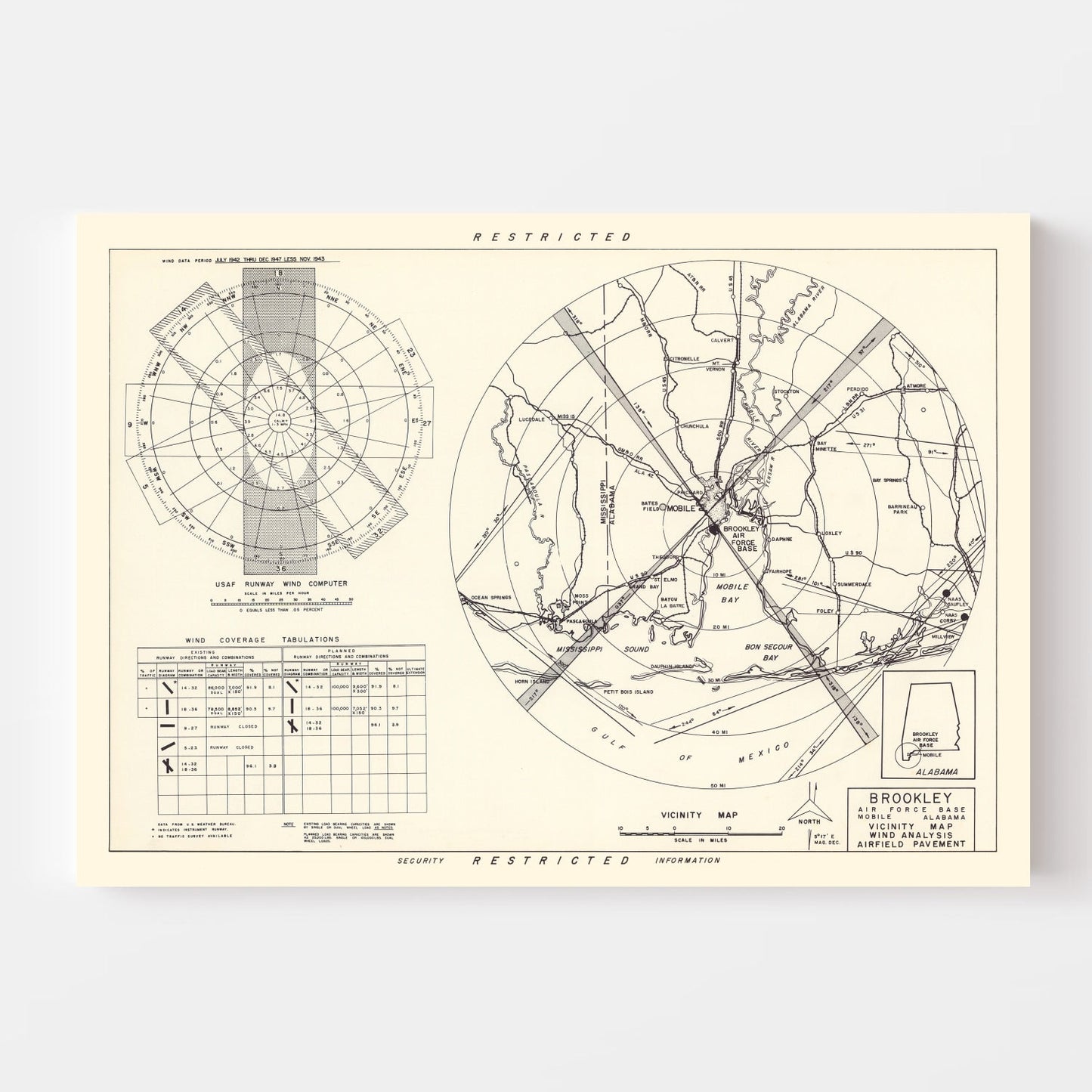 Vintage Map of Brookley Air Force Base Vicinity, Alabama, 1952