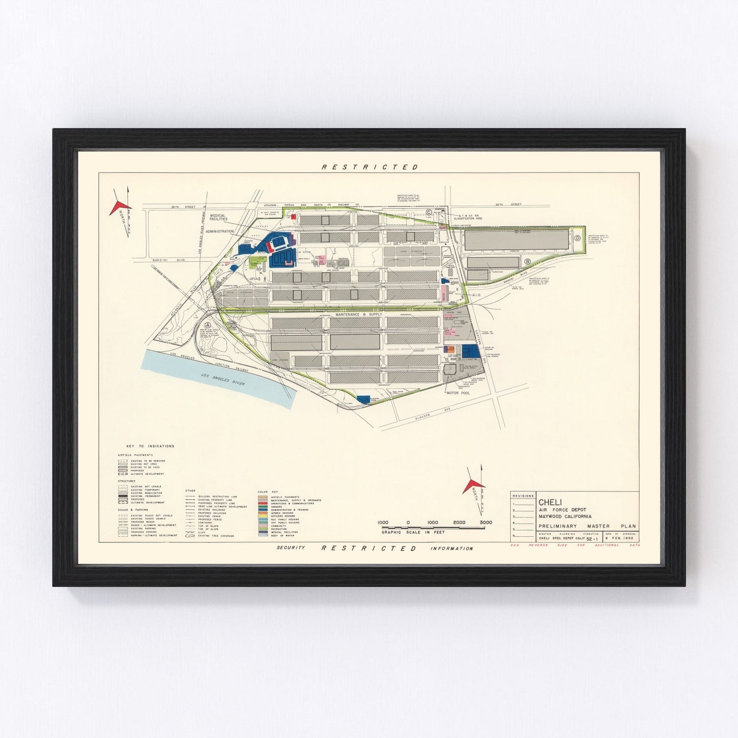 Vintage map of Cheli Air Force Depot, Maywood California, 1952, digitally restored