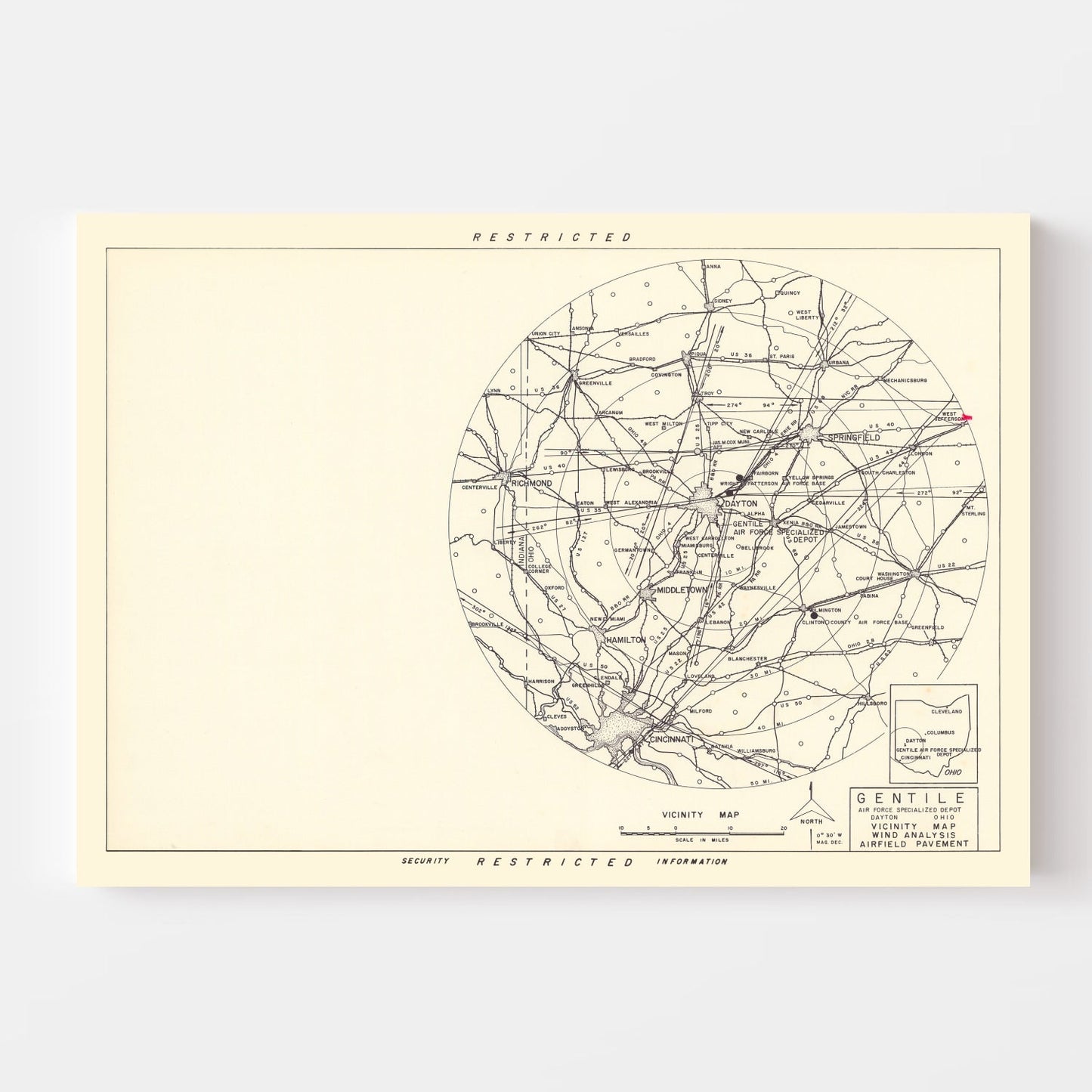 Vintage Map of Gentile Air Force Depot Vicinity, Ohio, 1952