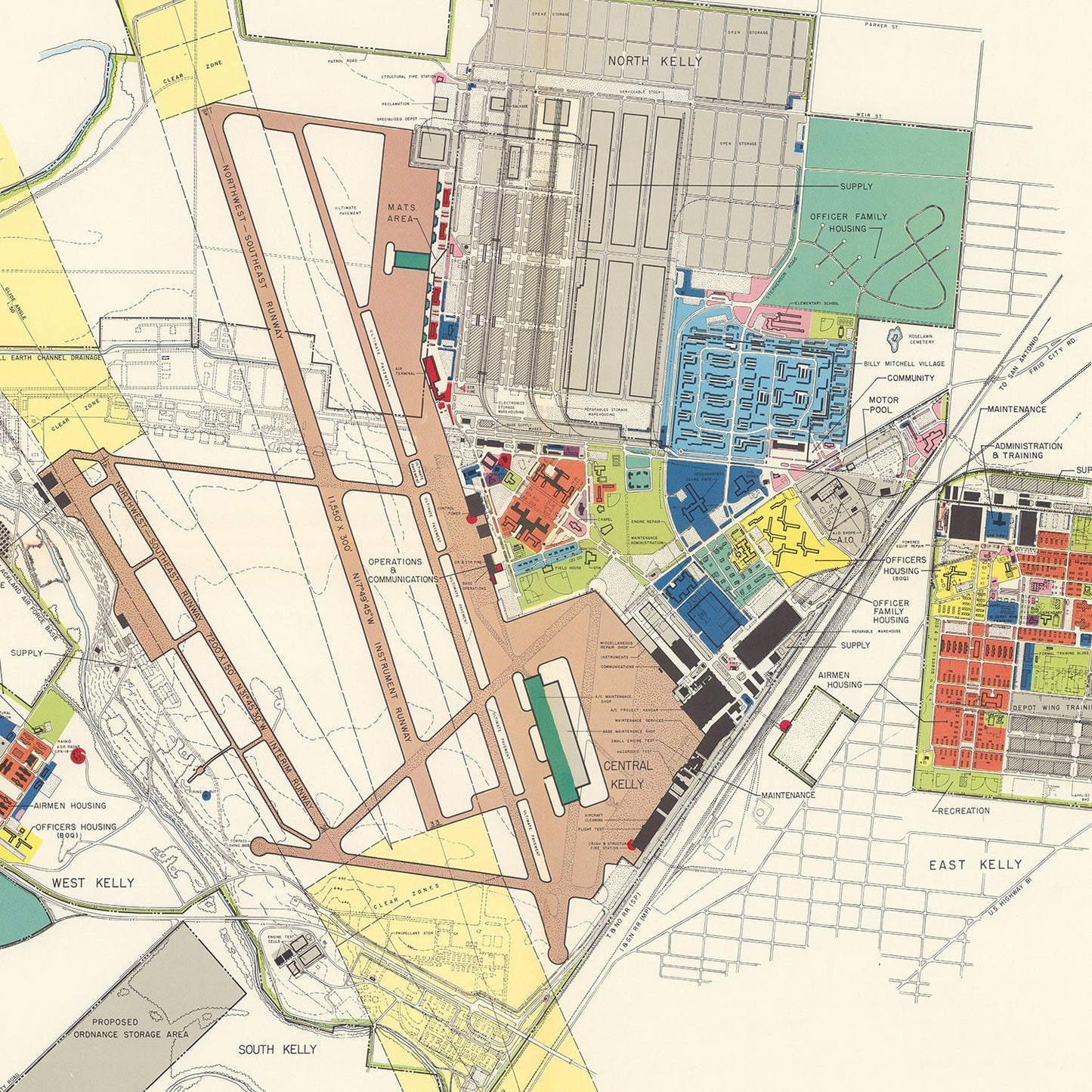 Vintage Map of Kelly Air Force Base, San Antonio, 1952