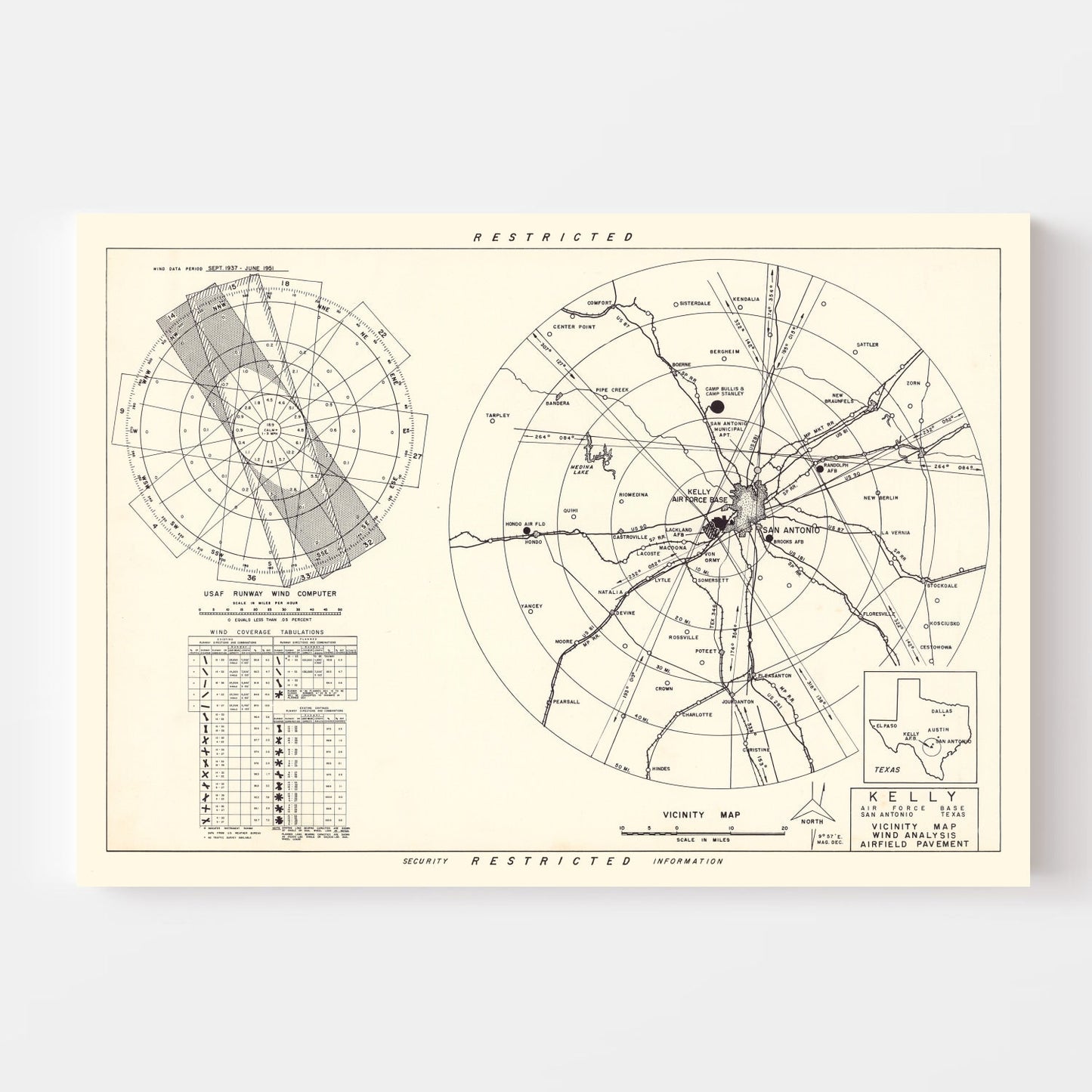 Vintage Map of Kelly Air Force Base Vicinity, Texas, 1952