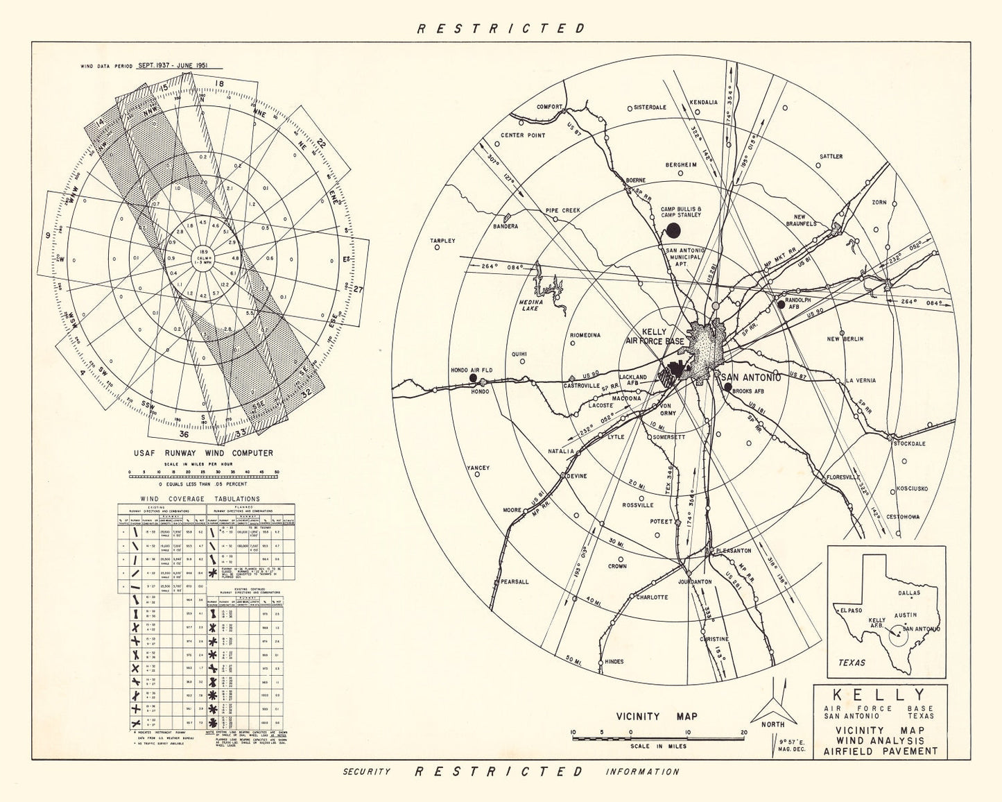 Vintage Map of Kelly Air Force Base Vicinity, Texas, 1952