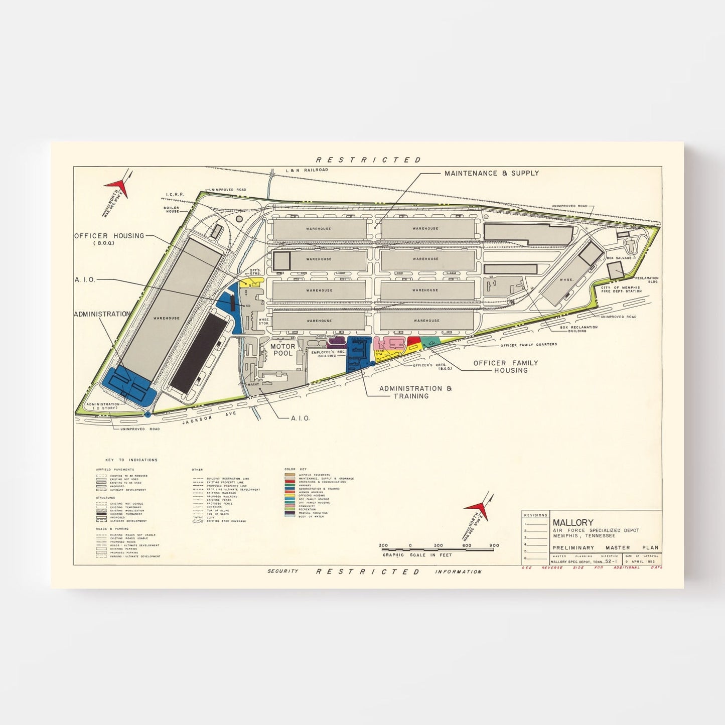 Vintage Map of Mallory Air Force Depot, Memphis, 1952