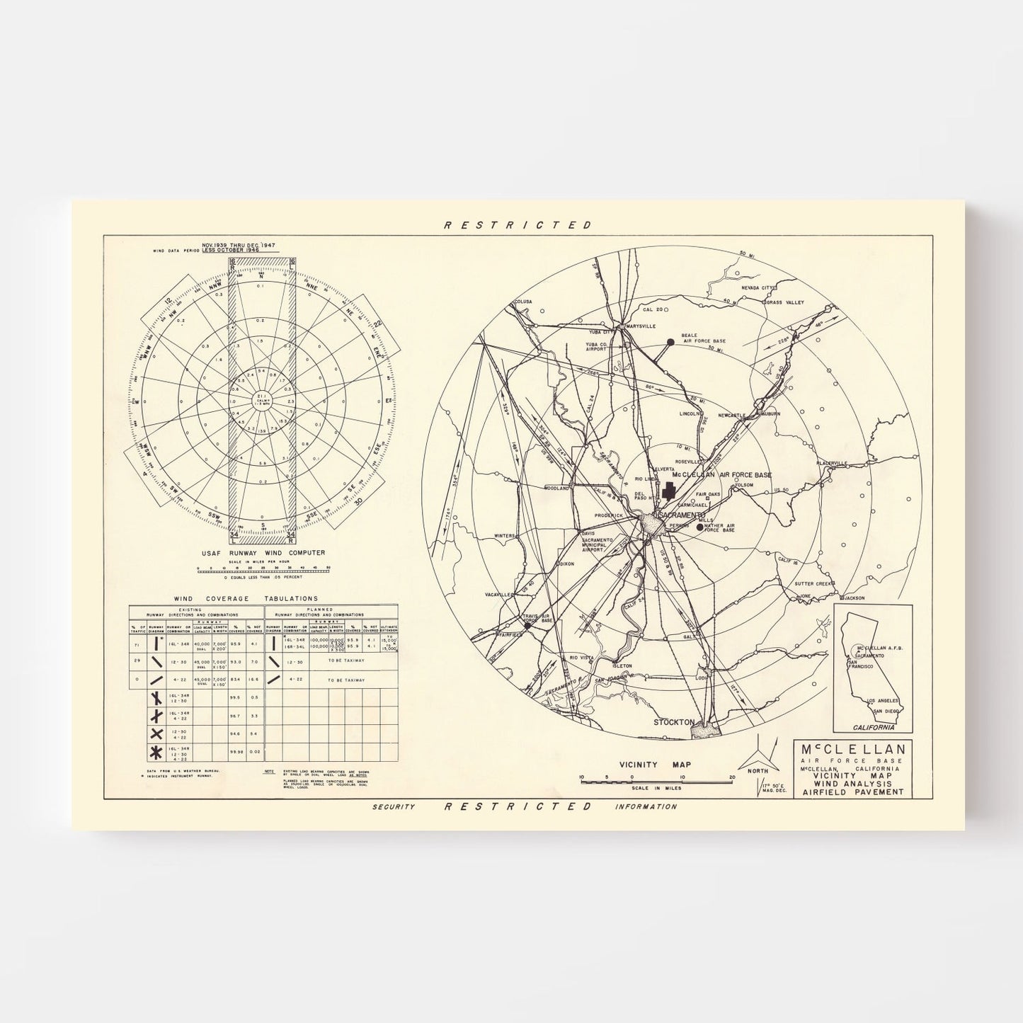 Vintage Map of McClellan Air Force Base Vicinity, California, 1952