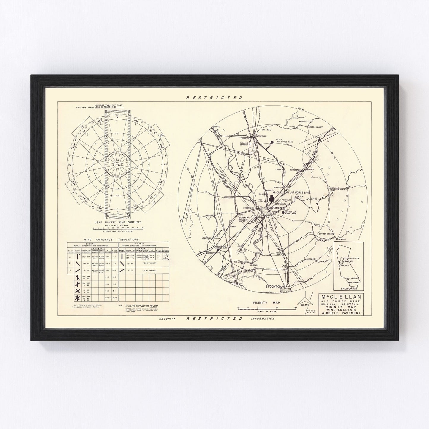 vintage map of McClellan Air Force Base vicinity, Sacramento County, California, 1952