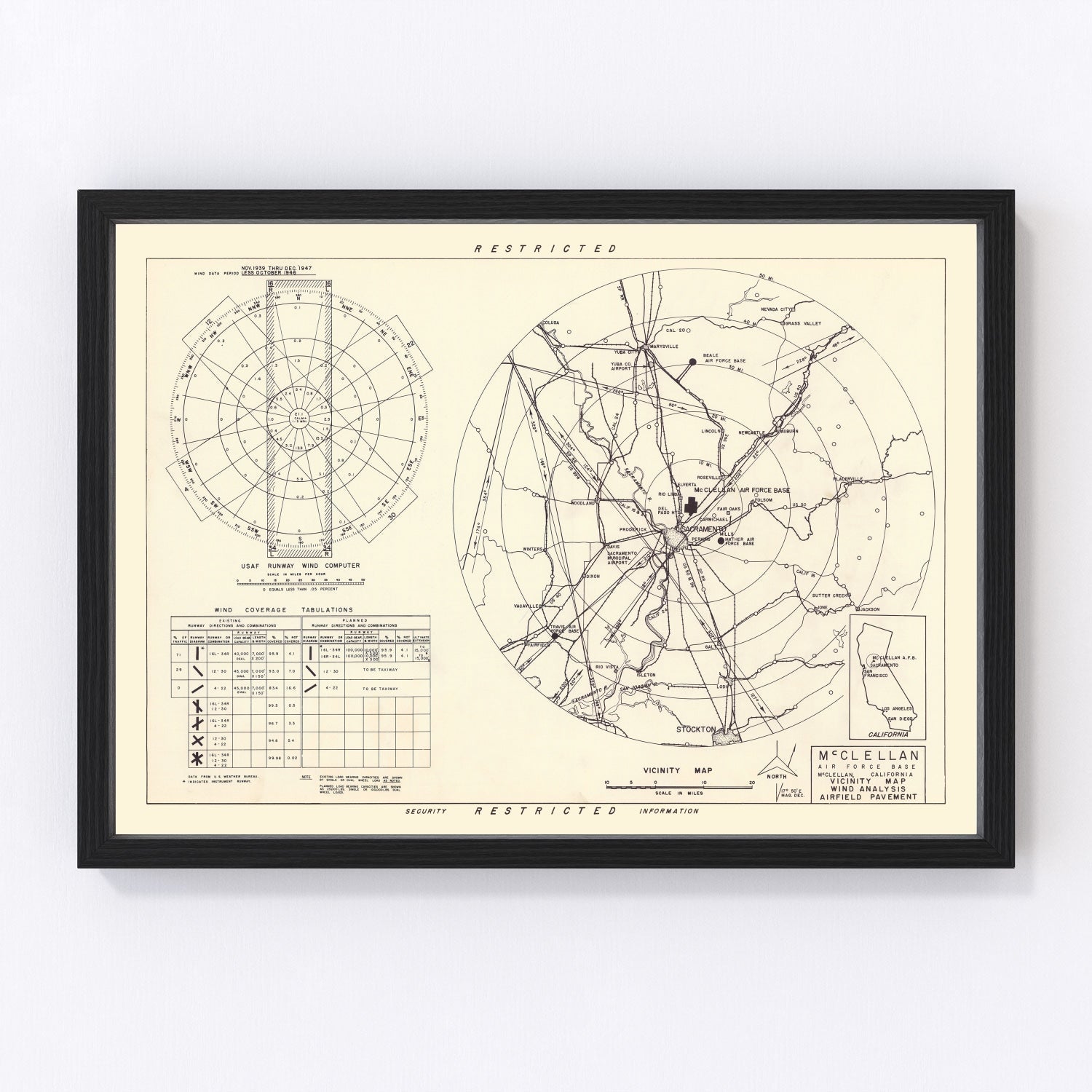 vintage map of McClellan Air Force Base vicinity, Sacramento County, California, 1952