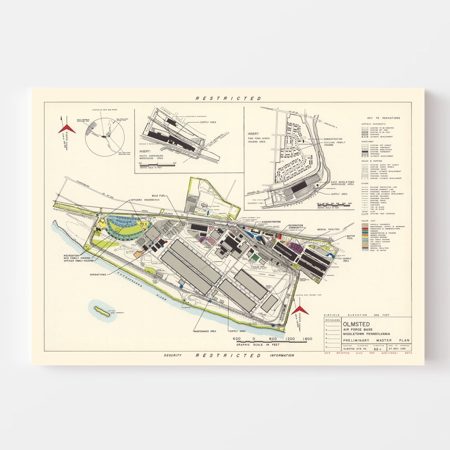 Vintage Map of Olmsted Air Force Base, Middletown, Pennsylvania, 1951