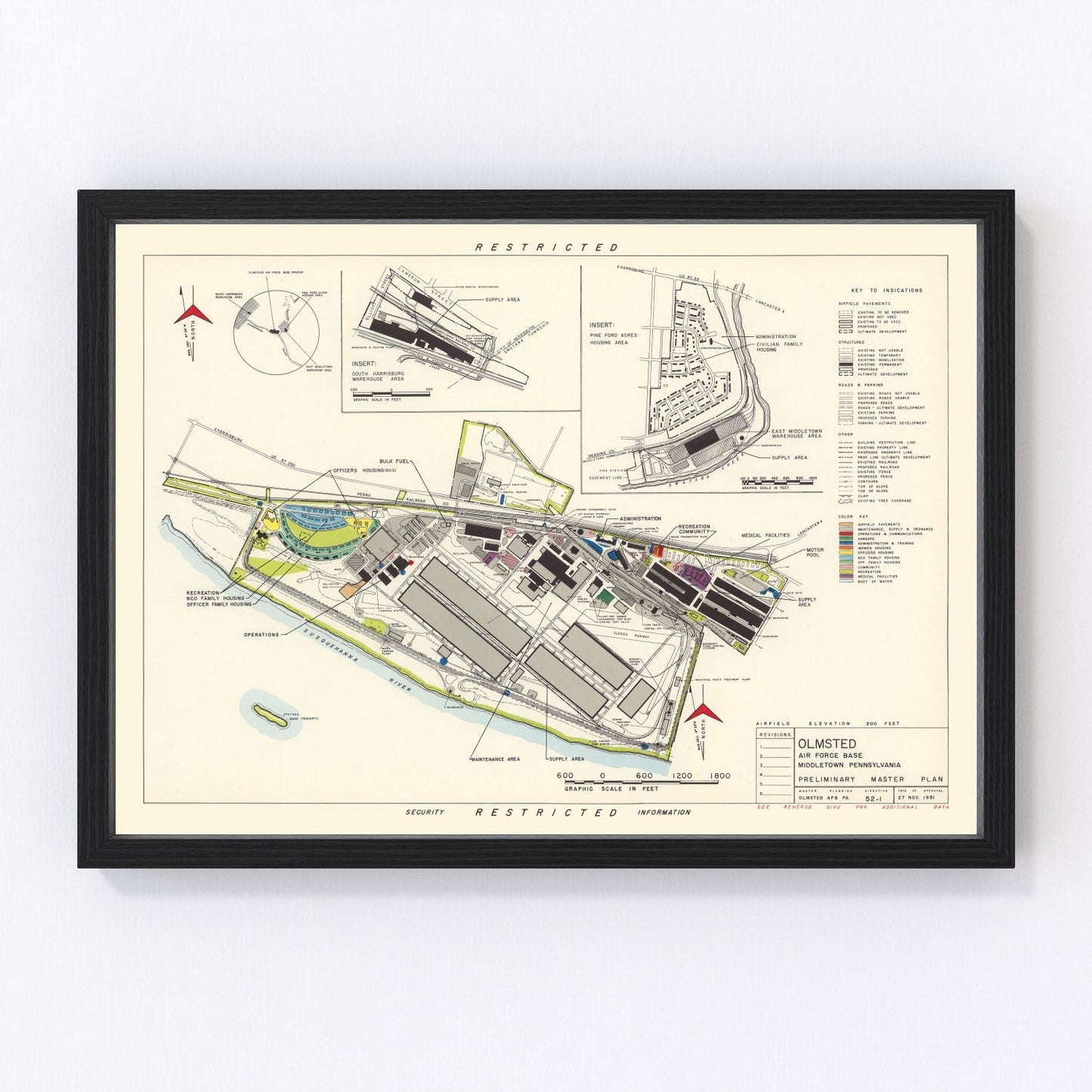 Vintage map of Olmsted Air Force Base, Middletown, Pennsylvania, 1951