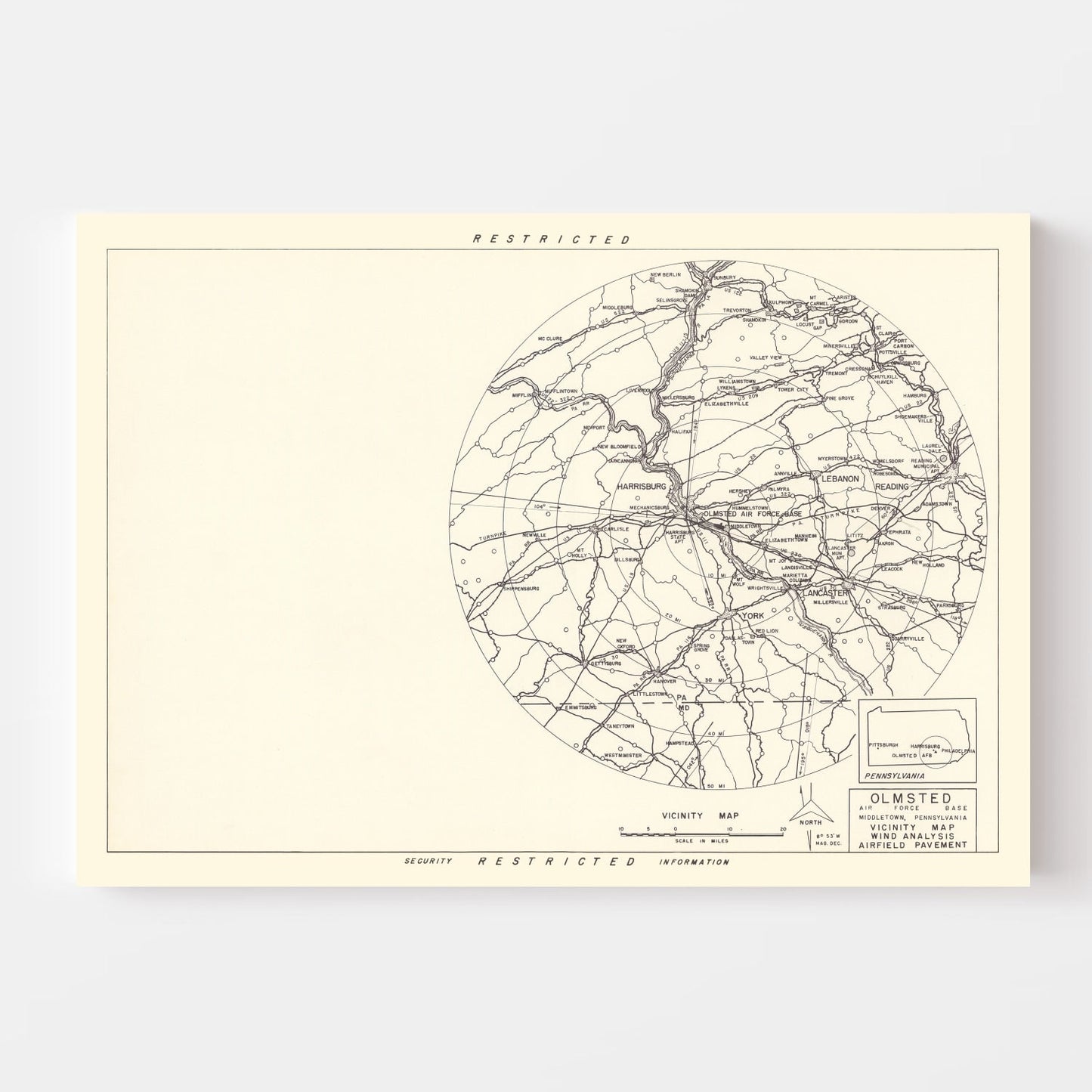 Vintage Map of Olmsted Air Force Base Vicinity, Pennsylvania, 1951