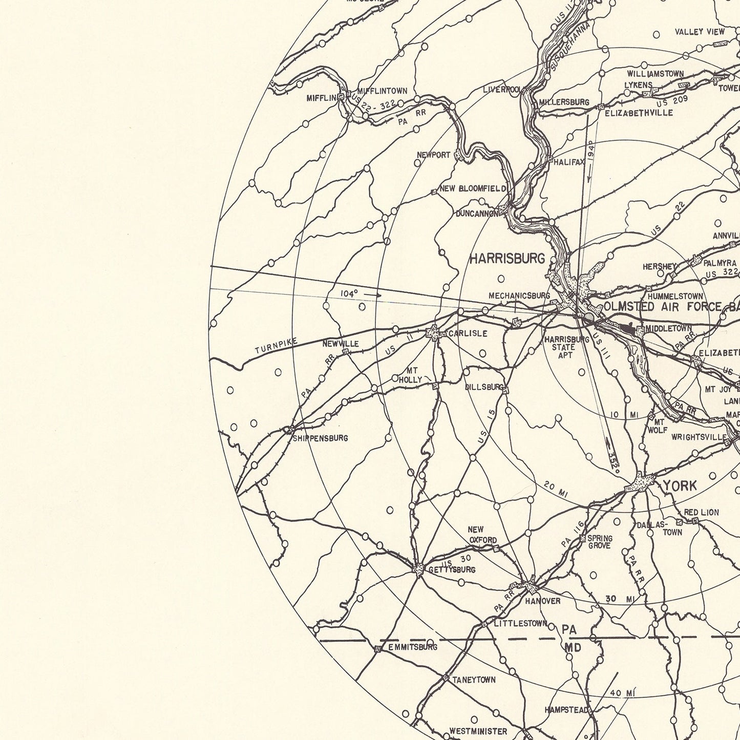Vintage Map of Olmsted Air Force Base Vicinity, Pennsylvania, 1951
