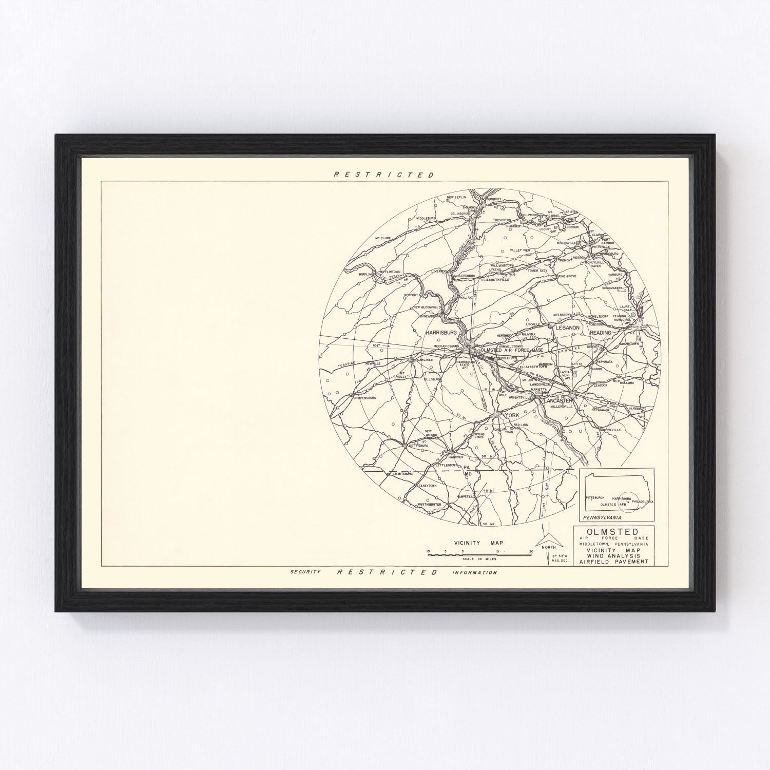 vintage map of Olmsted Air Force Base vicinity, Pennsylvania, 1951