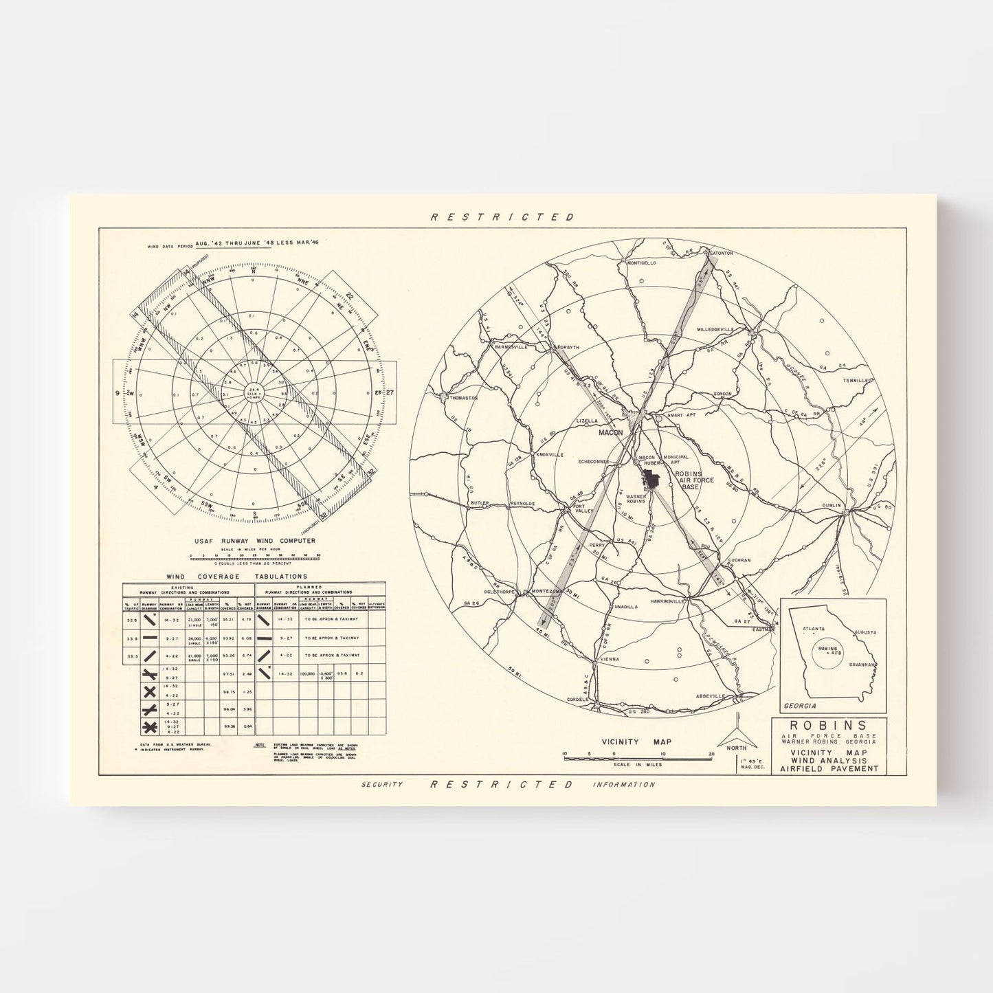 Vintage Map of Robins Air Force Base, Georgia, 1952