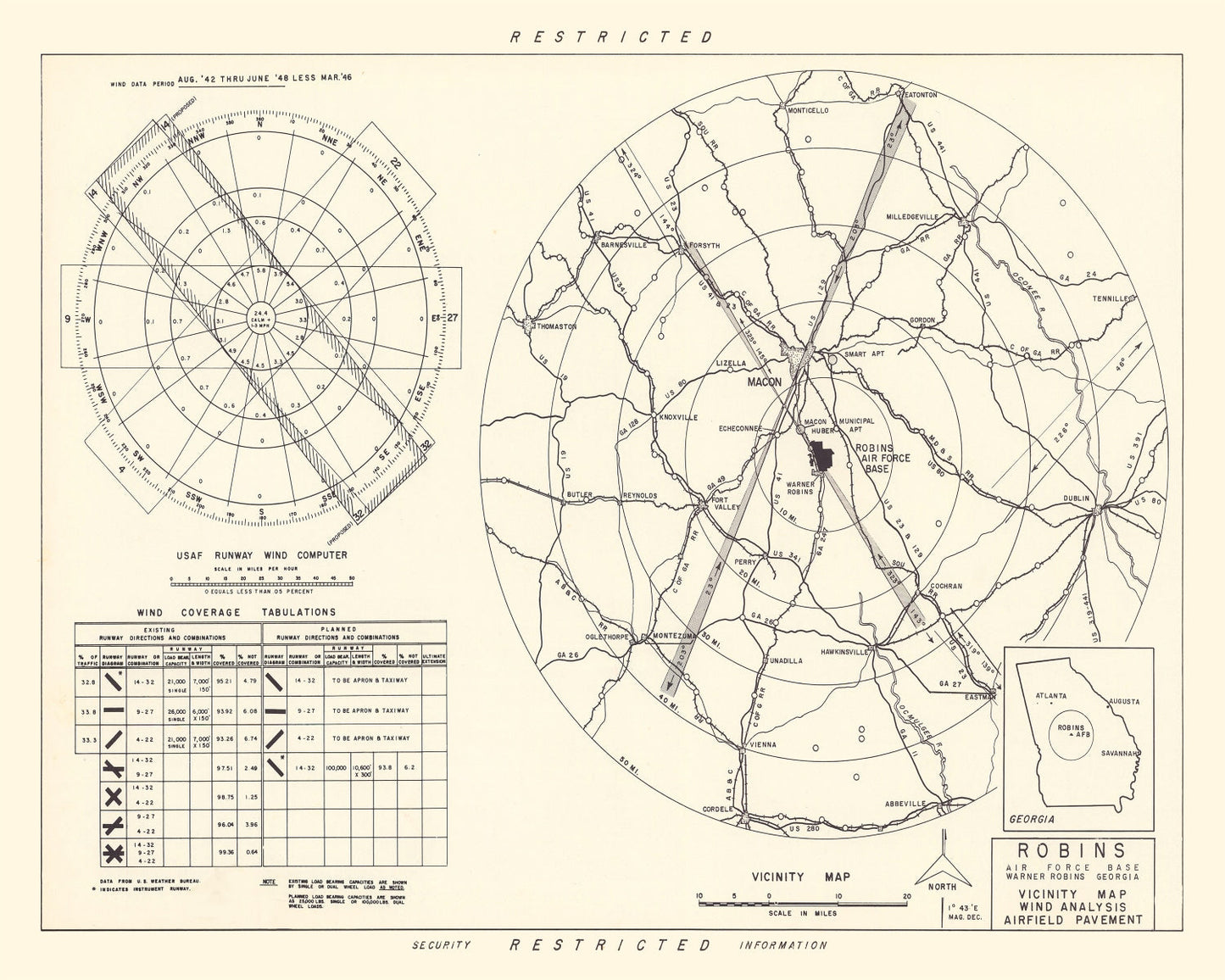 Vintage Map of Robins Air Force Base, Georgia, 1952