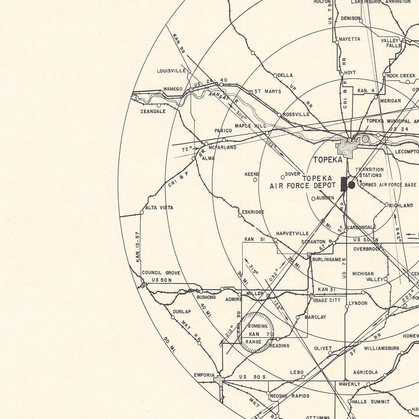 Vintage Map of Topeka Air Force Depot Vicinity, 1951