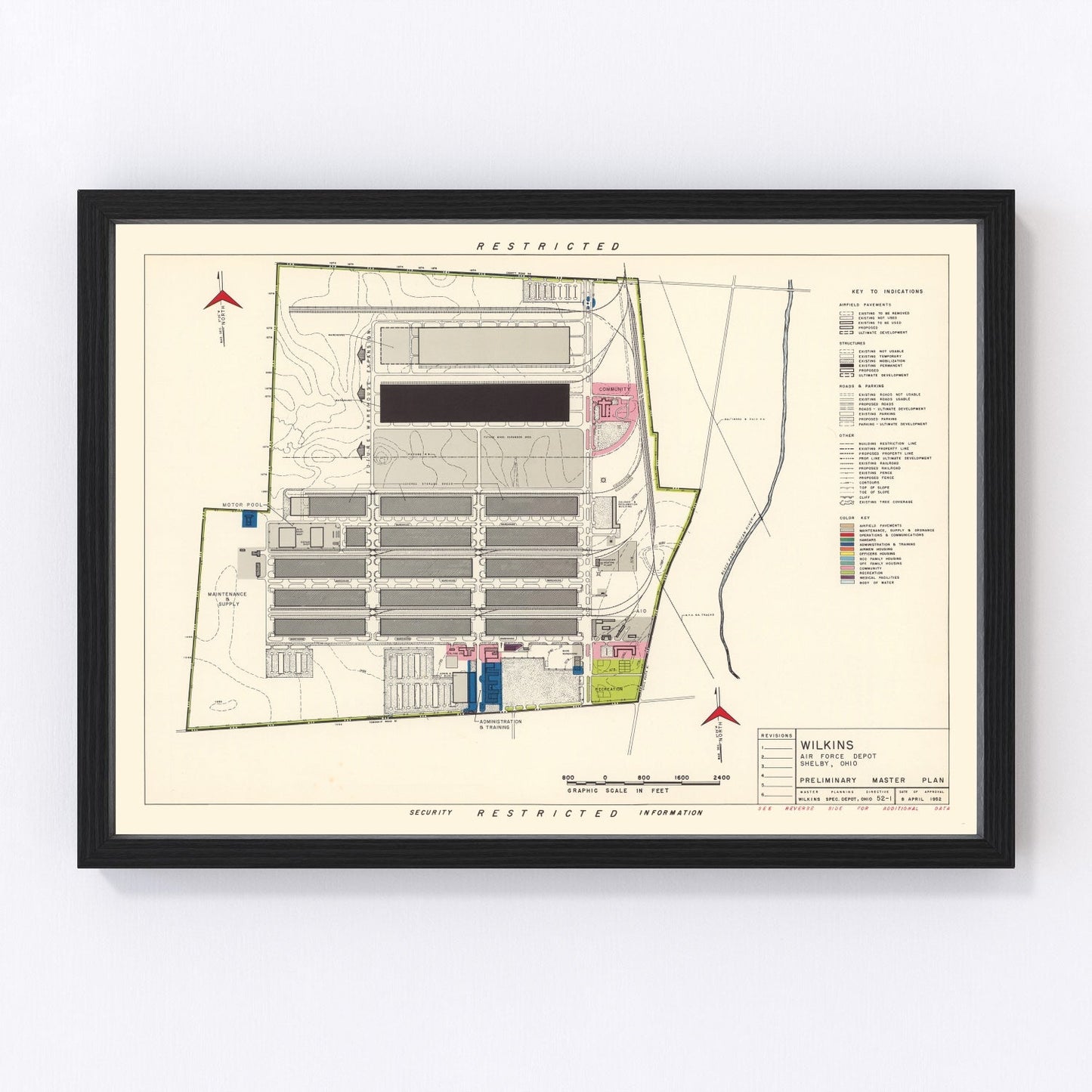 Vintage map of Wilkins Air Force Depot, Pennsylvania, 1952, Cold War era installation