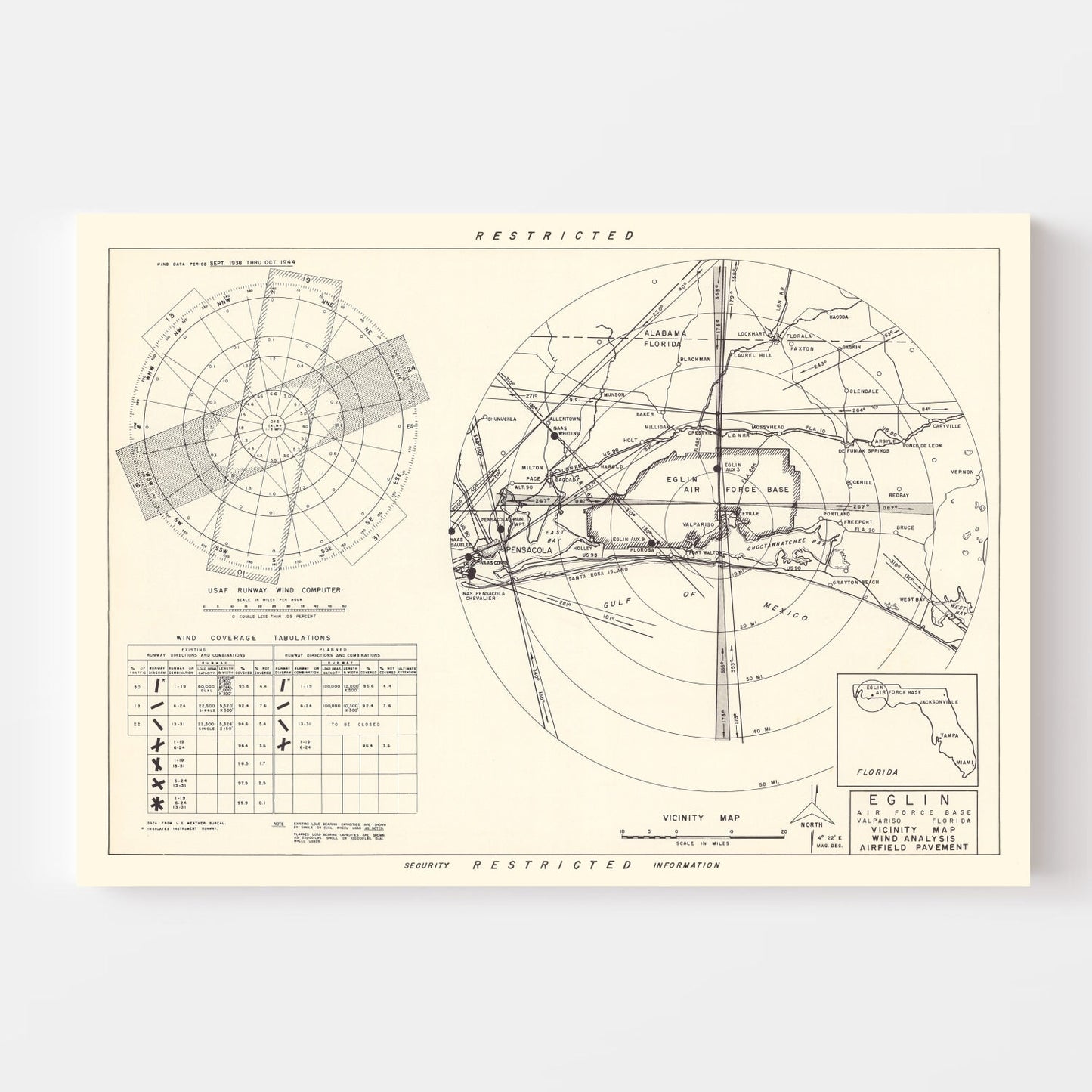 Vintage Map of Eglin Air Force Base Vicinity, Florida 1952