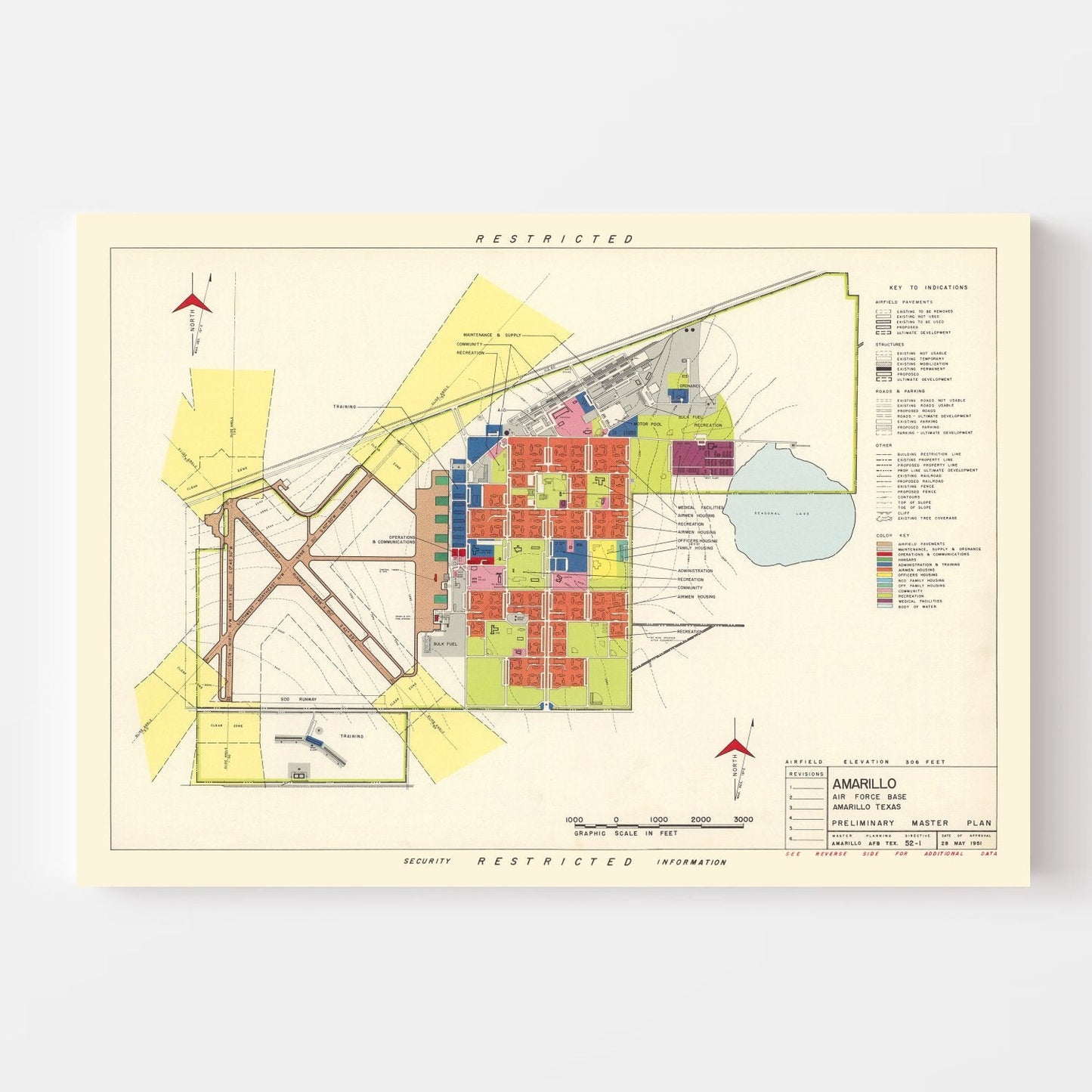Vintage Amarillo Air Force Base, Texas Map, 1952