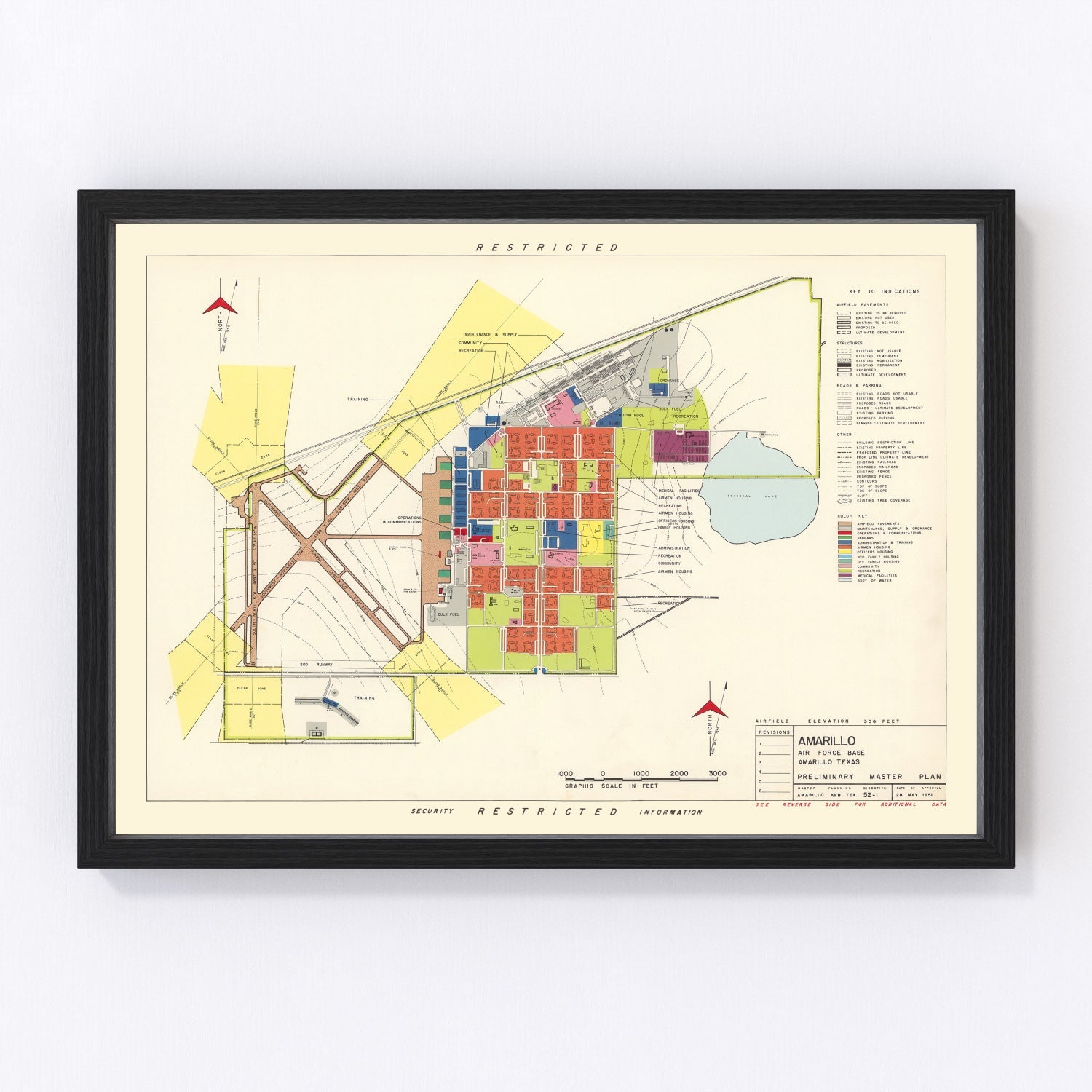 Restored vintage map of Amarillo Air Force Base, Texas, 1952