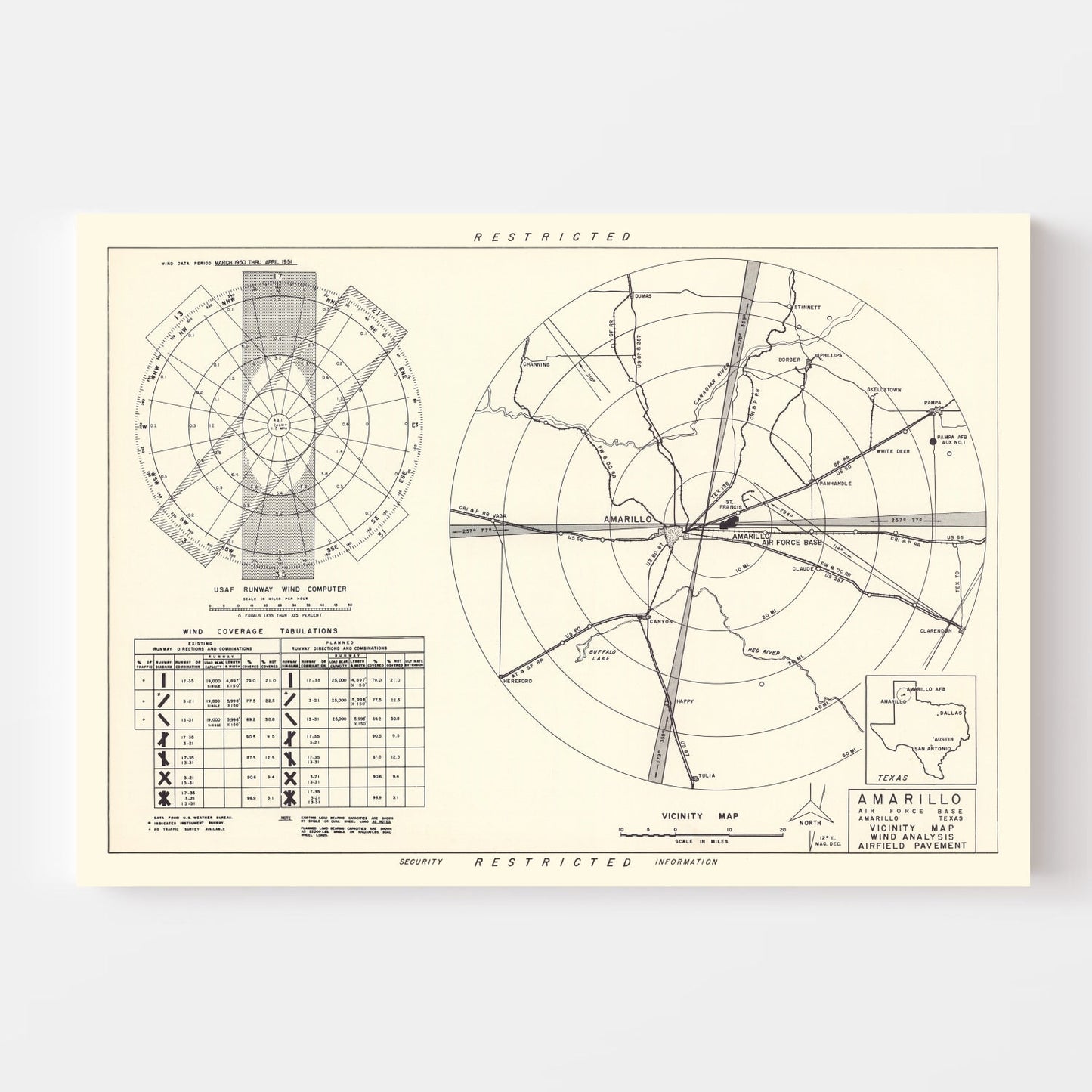 Vintage Map of Amarillo Air Force Base Vicinity, Texas, 1952