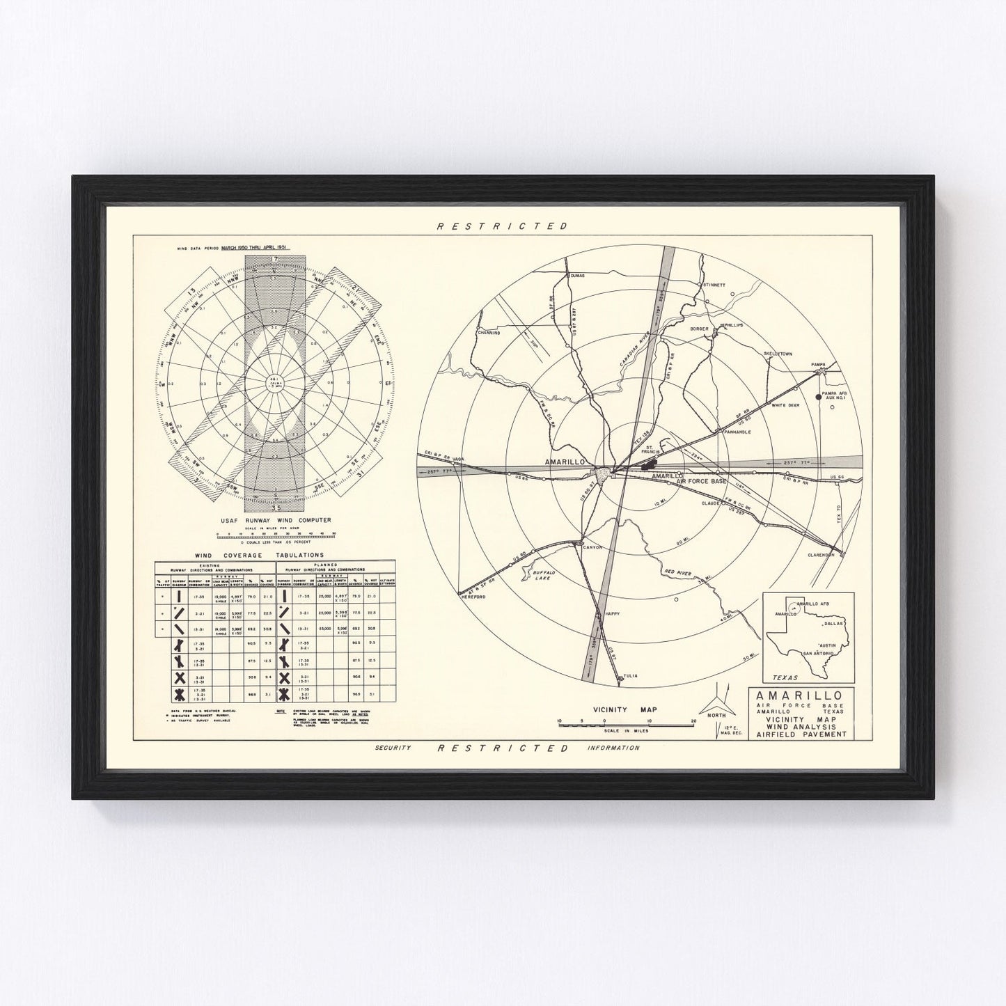 Vintage map of Amarillo Air Force Base vicinity, Texas, 1952