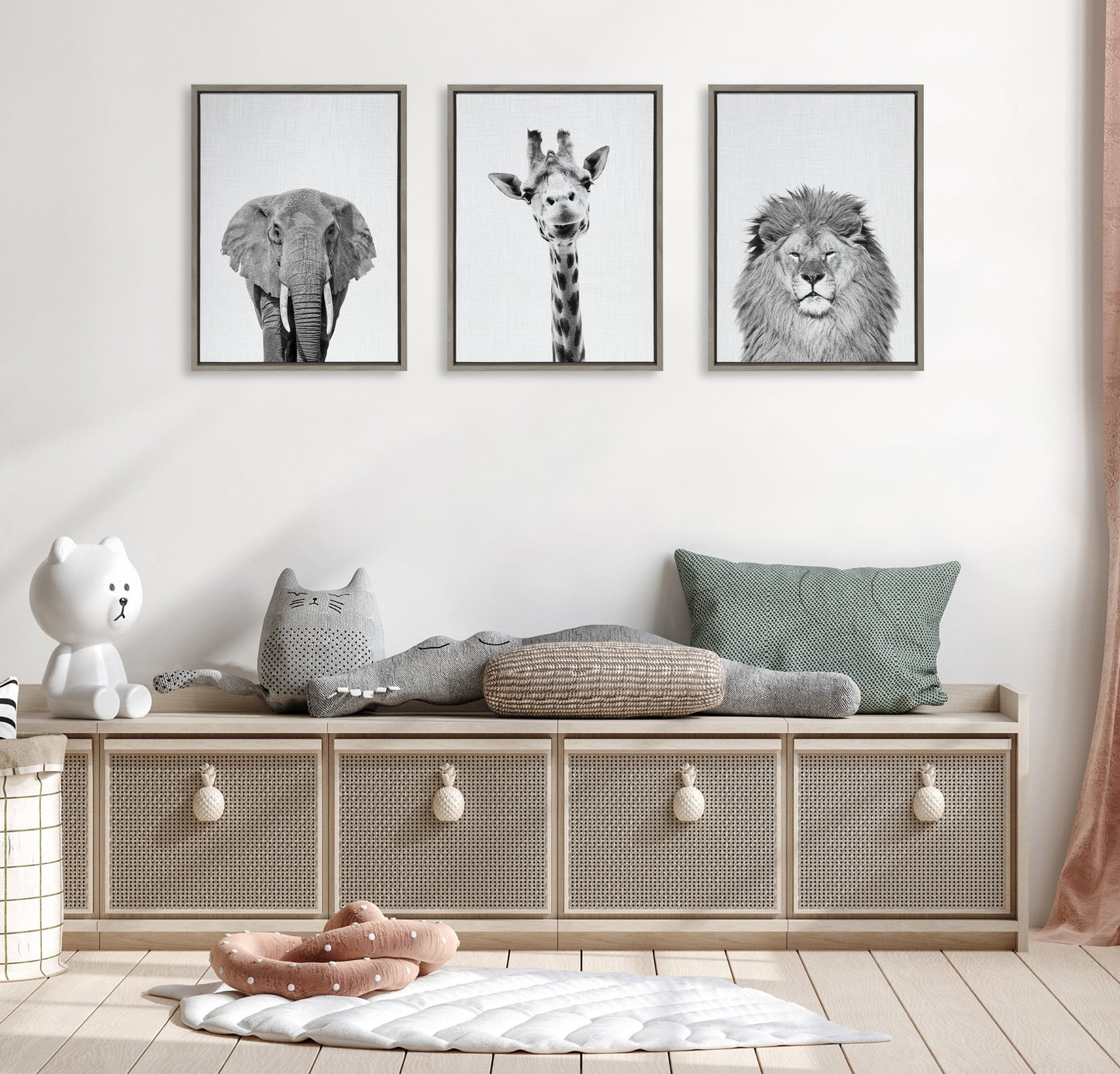 Sylvie Elephant Giraffe and Lion Framed Canvas by Simon Te of Tai Prints