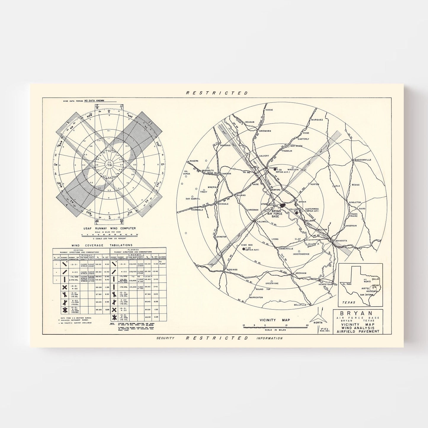 Vintage Map of Bryan Air Force Base Vicinity, Texas, 1951
