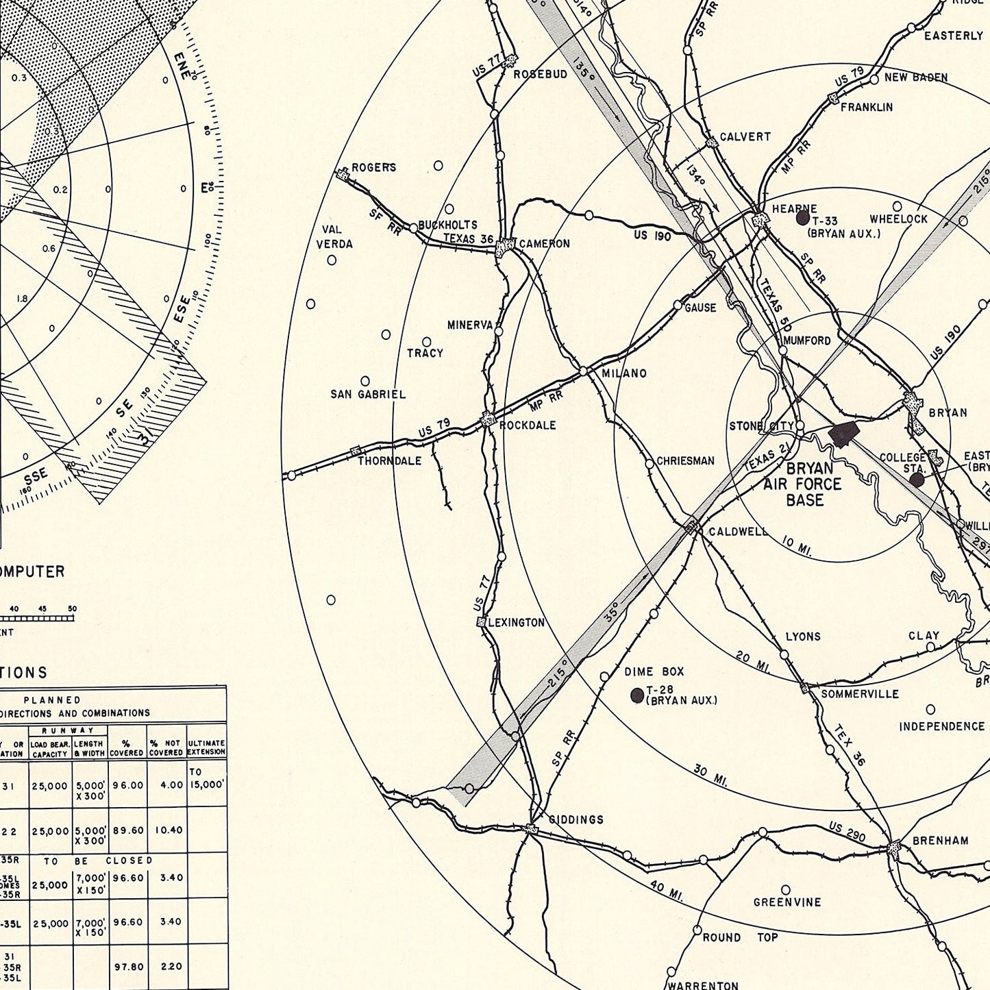 Vintage Map of Bryan Air Force Base Vicinity, Texas, 1951