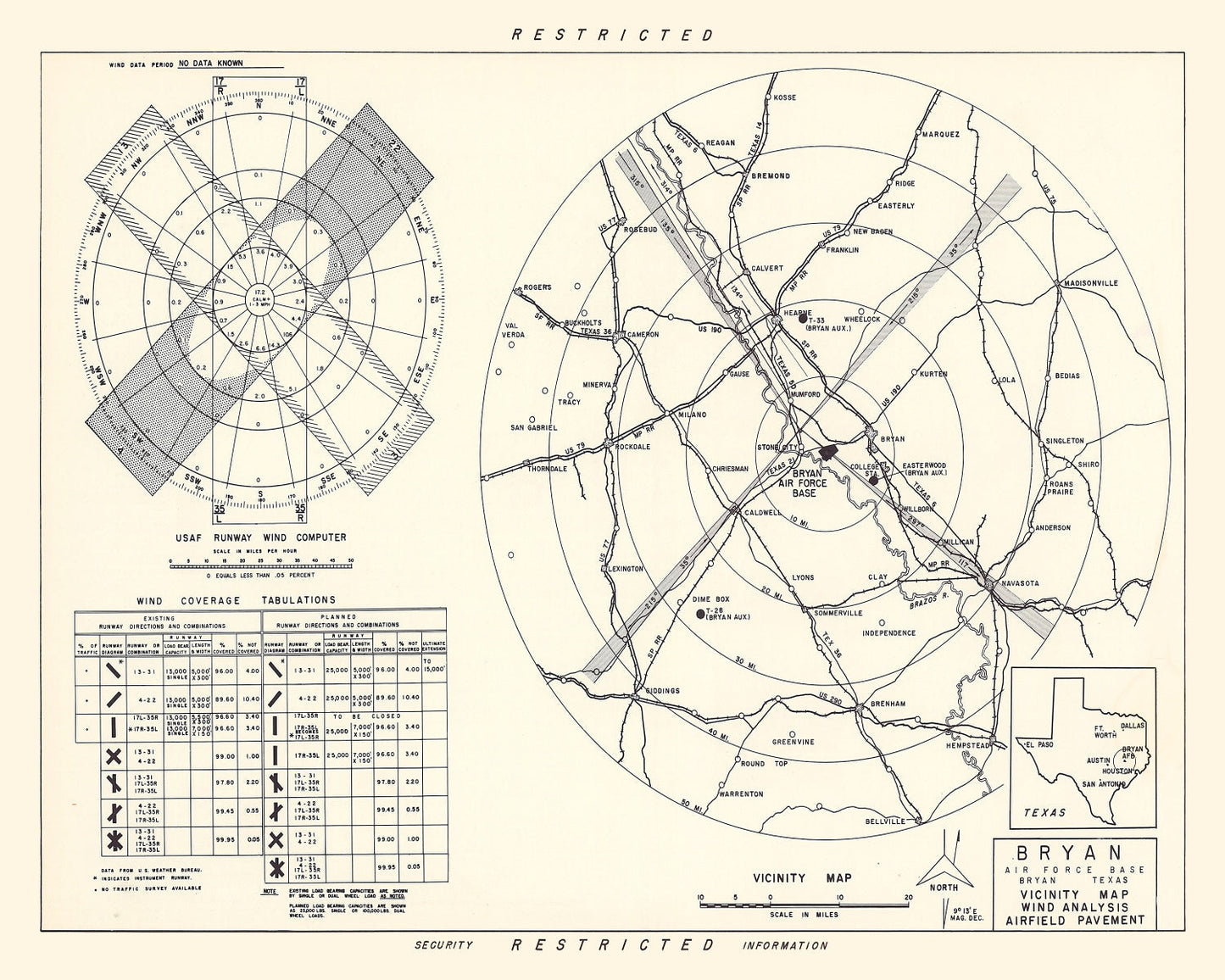 Vintage Map of Bryan Air Force Base Vicinity, Texas, 1951