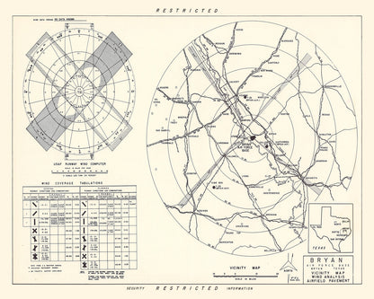 Vintage Map of Bryan Air Force Base Vicinity, Texas, 1951