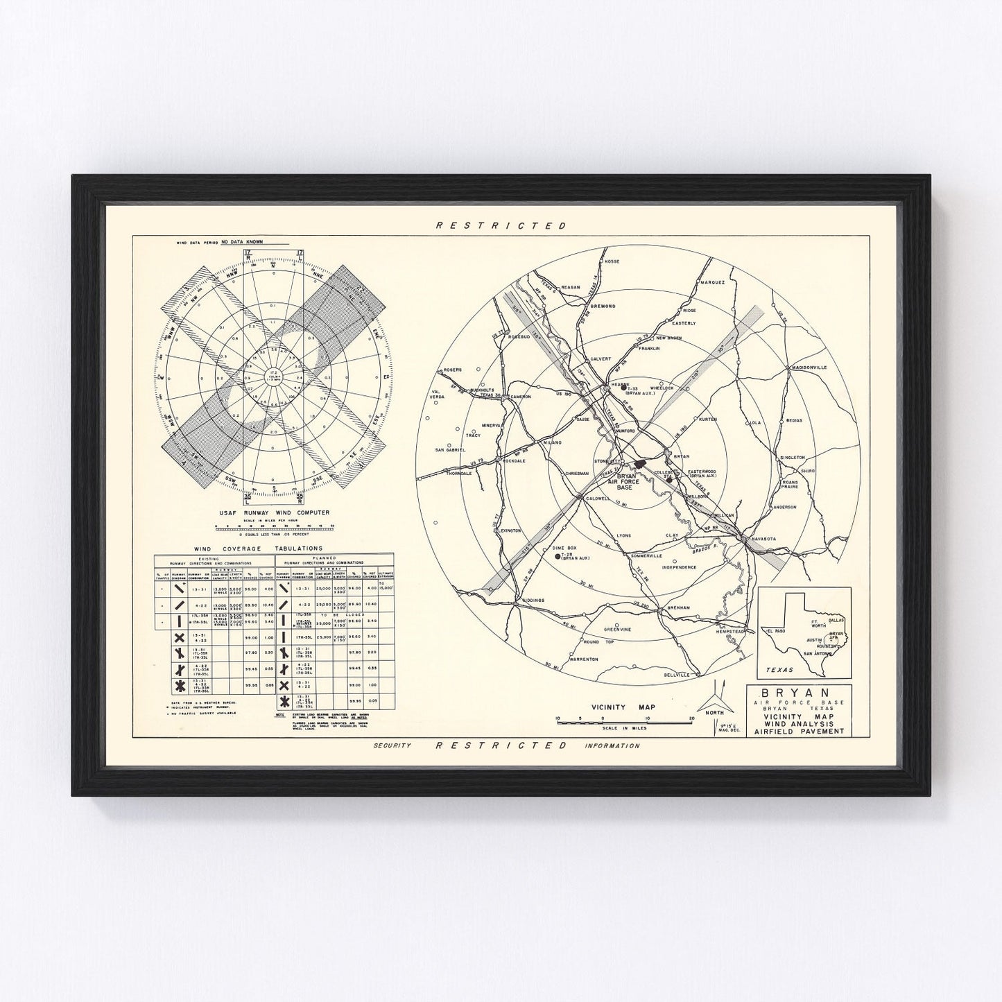 Vintage map of Bryan Air Force Base vicinity, Texas, 1951