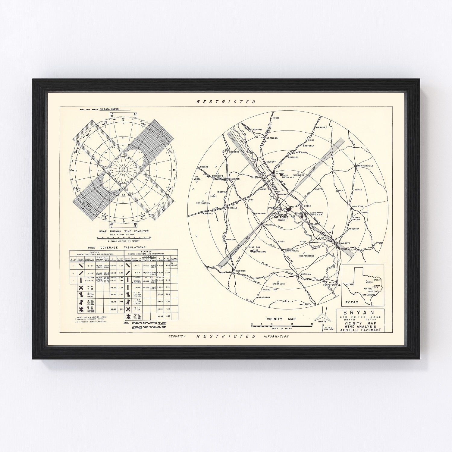Vintage map of Bryan Air Force Base vicinity, Texas, 1951