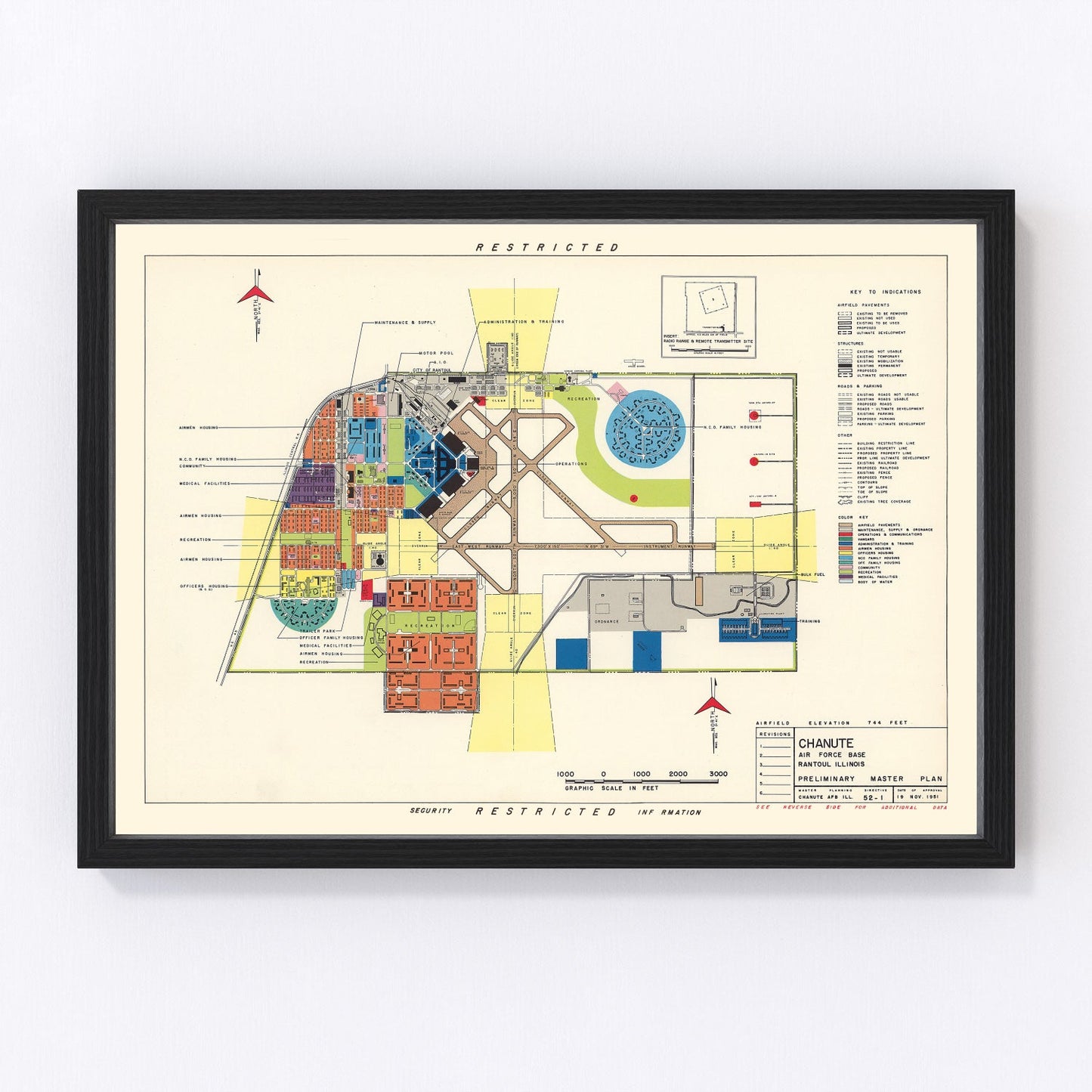Vintage map of Chanute Air Force Base, Illinois, 1951, digitally restored antique cartographic print