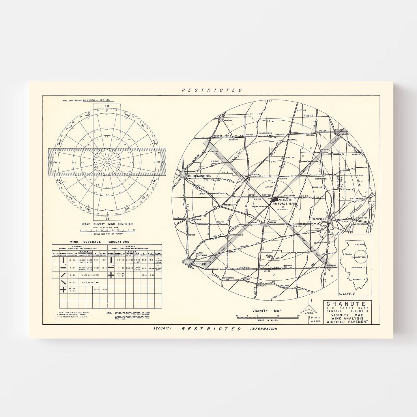 Vintage Map of Chanute Air Force Base Vicinity, Illinois 1951
