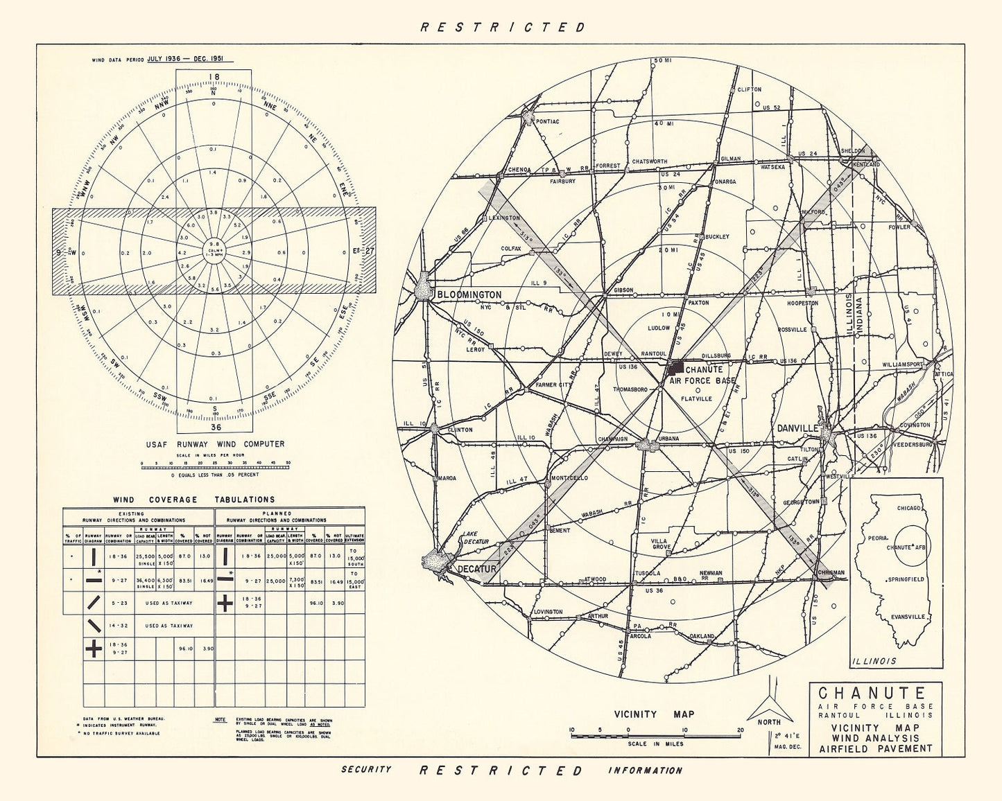 Vintage Map of Chanute Air Force Base Vicinity, Illinois 1951