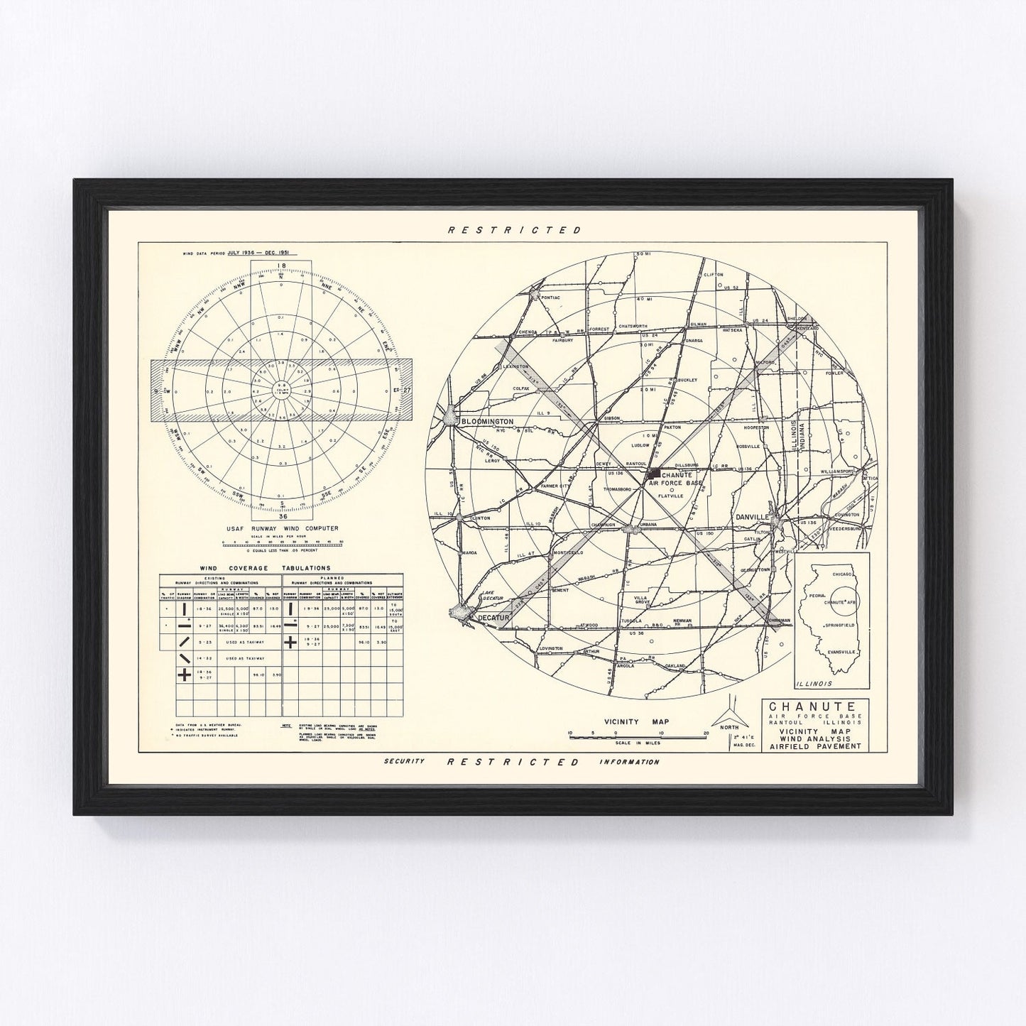 vintage map of Chanute Air Force Base vicinity, Rantoul, Illinois, 1951